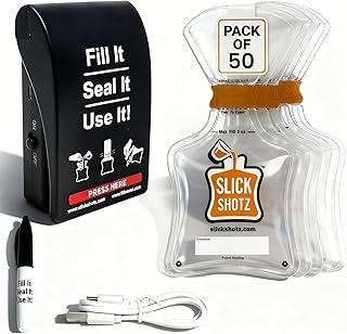 Slick Shotz 50 Pcs Heat Sealed Plastic Flask Kit for Liquor – 3oz Leak Proof Drink Pouches for Alcohol with Heat Sealer and Mini Marker – Ideal for Cruises, Concerts, Flights, Events and Travel