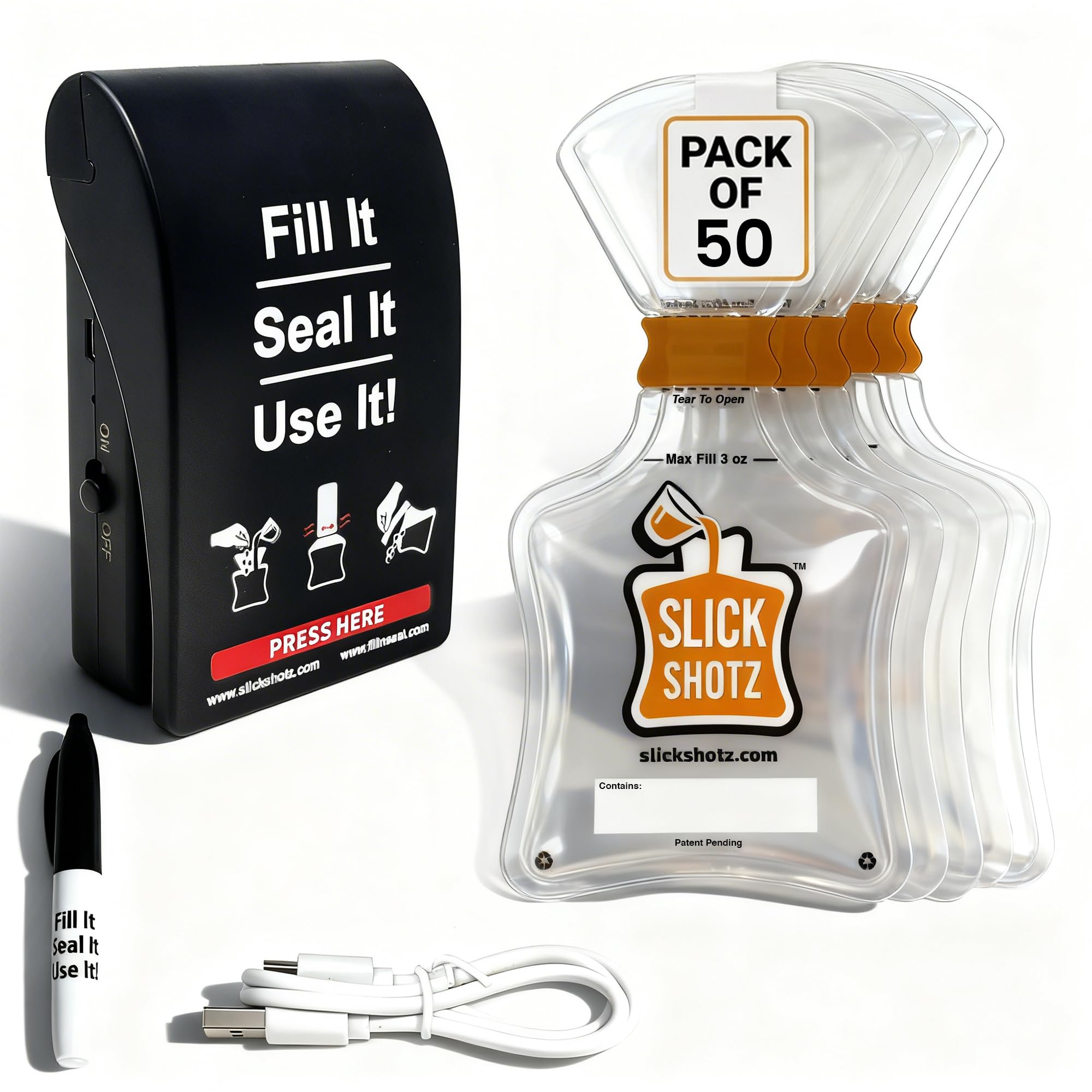Photo 1 of Slick Shotz 50 Pcs Heat Sealed Plastic Flask Kit for Liquor – 3oz Leak Proof Drink Pouches for Alcohol with Heat Sealer and Mini Marker – Ideal for Cruises, Concerts, Flights, Events and Travel