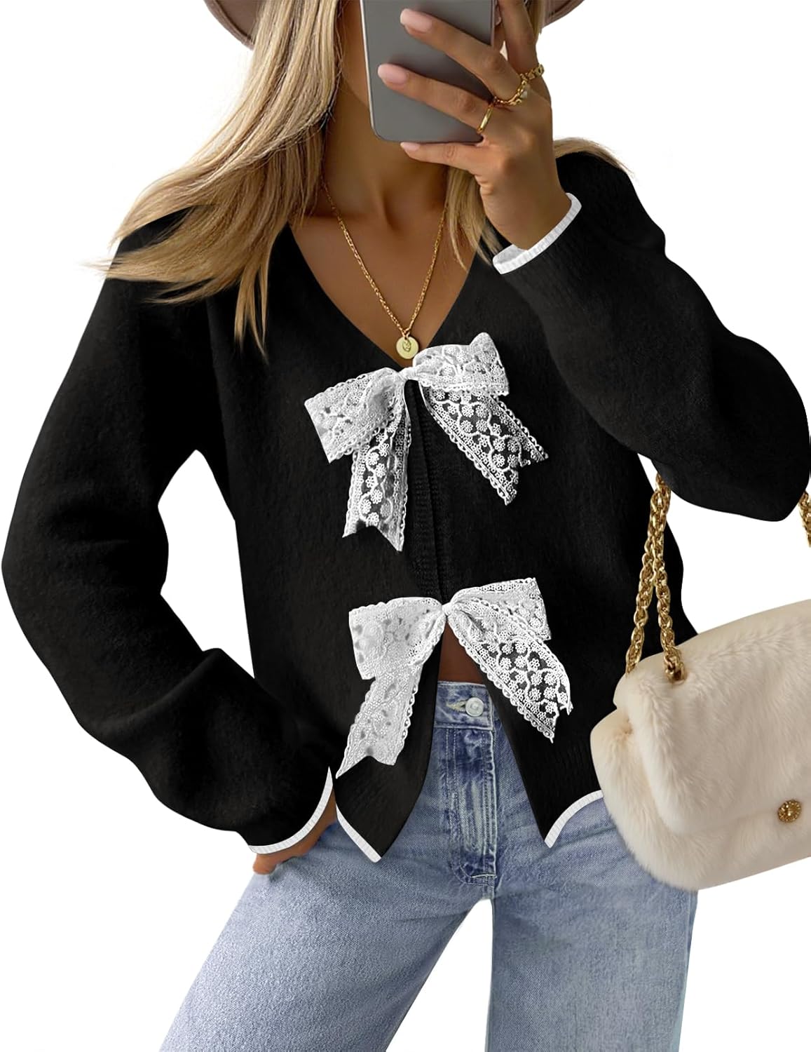 MEROKEETY Women's Tie Front Bow Cardigan Sweaters 2025 Long Sleeve Chunky Knit Cute Trendy Fall Winter Coats