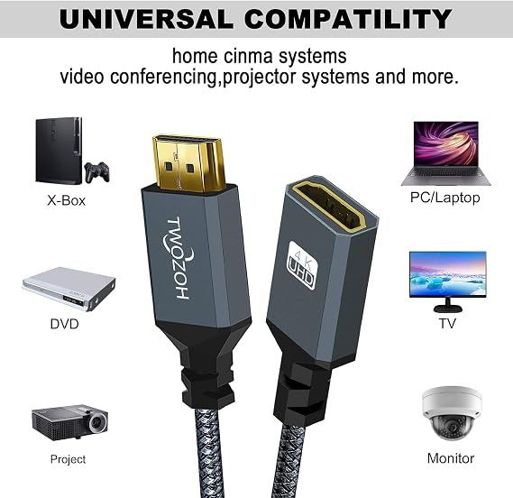Twozoh HDMI Extension Cable Male-to-Female Cord Nylon Braided Extender 2.0 Cable Adapter 4K@60Hz 3D HDR Support 1M 3.3 ft