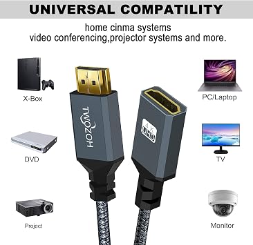 Twozoh HDMI Extension Cable Male-to-Female Cord Nylon Braided Extender 2.0 Cable Adapter 4K@60Hz 3D HDR Support 1M 3.3 ft