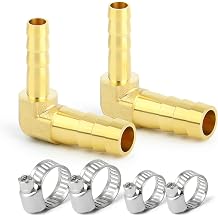 GASHER 2 Pieces Brass Hose Barb Reducer, 3/8 Inch to 1/4 Inch Barb Hose ID 90 Degree L Right Angle Elbow with 4 Hose Clamps, Brass Barb Reducer SPLICER Fitting Fuel/AIR/Water/Oil/Gas/WOG