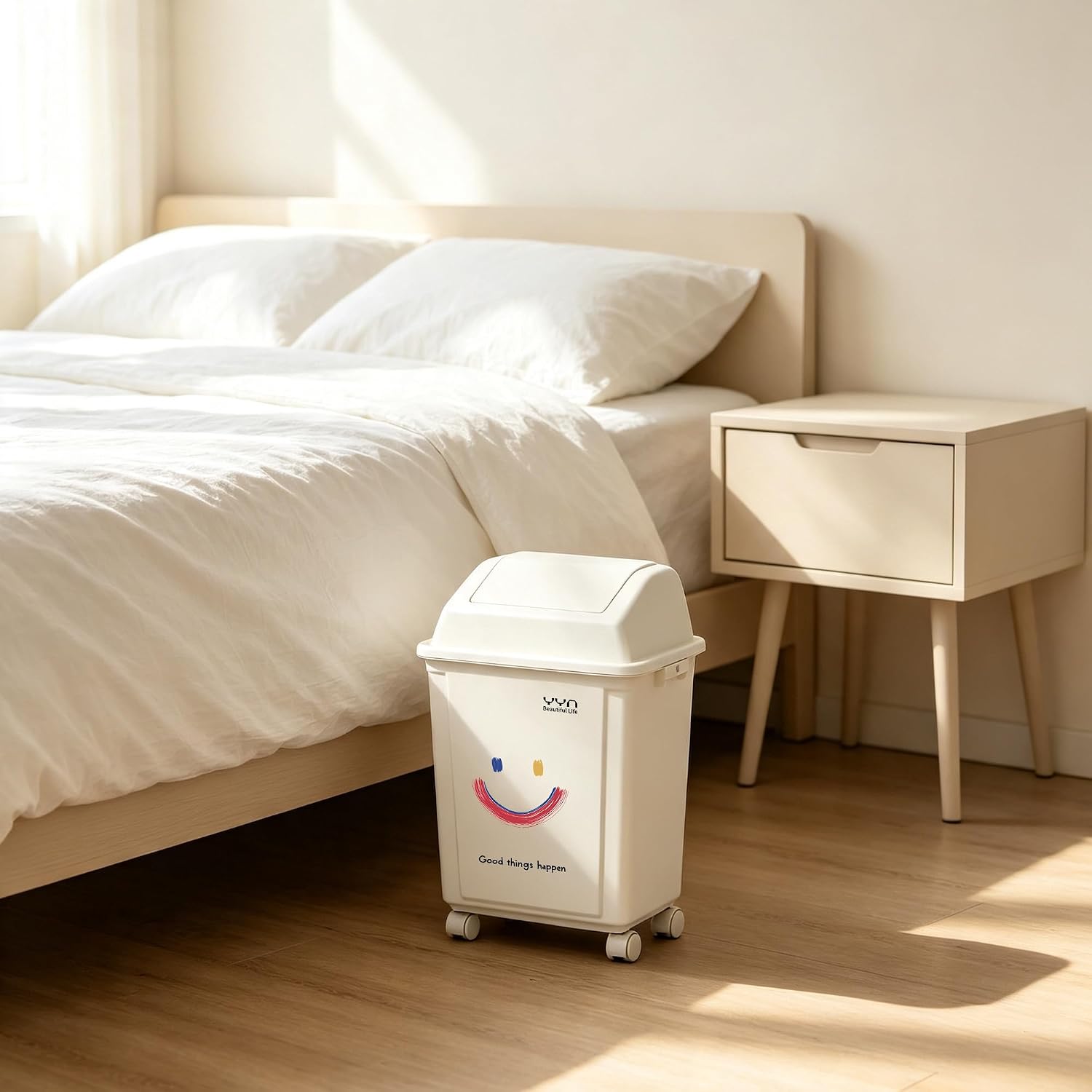 10 Liter Rectangular Silm Trash Can Wastebasket with Press Type Lid,2.4 Gallon Small Garbage Container Bin with Wheels for Bathroom,Bedroom,Kitchen,Office(White)