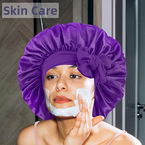 Miniatura 6 de Gorro de seda de 2 piezas, 1 grande y 1 mediano, gorro ajustable con forro de satén para dormir, gorro de ducha de tamaño jumbo con banda elástica