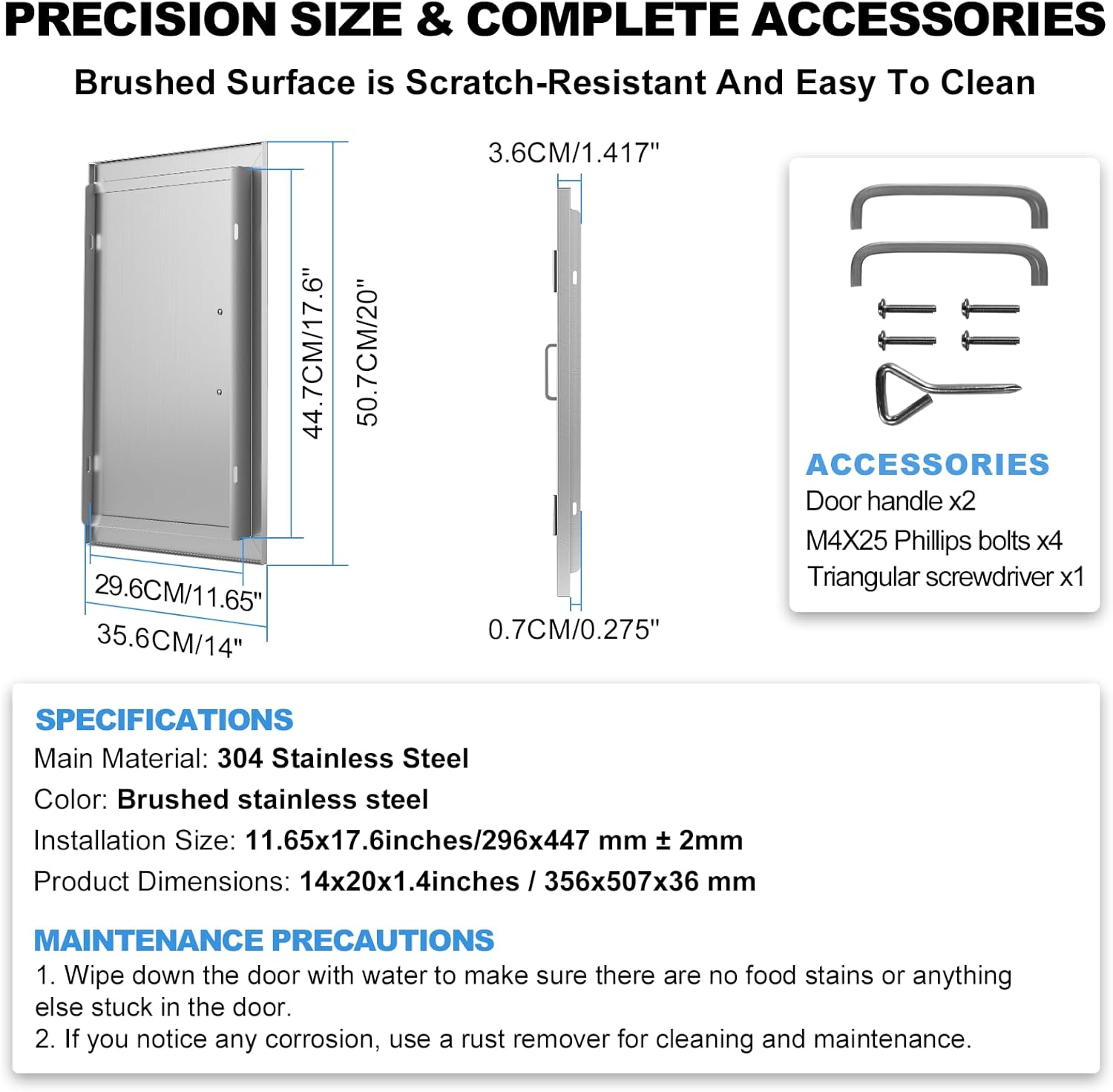 BBQ Access Door 14" W x 20" H-304 Stainless Steel Never Rust-Double Layer-Outdoor Kitchen Doors-Outside Cabinet Door-Weatherproof GrillDoor-Flush Mount BBQ Island Doors-MetalDoor for Outdoor Kitchen