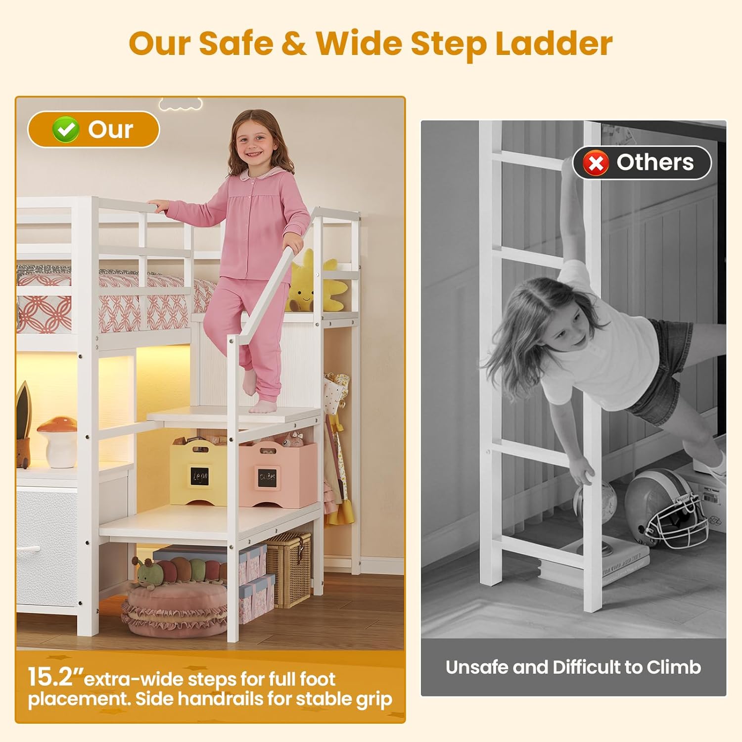 ADORNEVE Low Loft Bed Twin Size with Stairs,7 Drawers, Bookcase and LED Lights, Metal Kids Loft Bed with 14" H Safety Guardrail,Inclined Ladder and Play Curtain, Under-Bed Play Space, White
