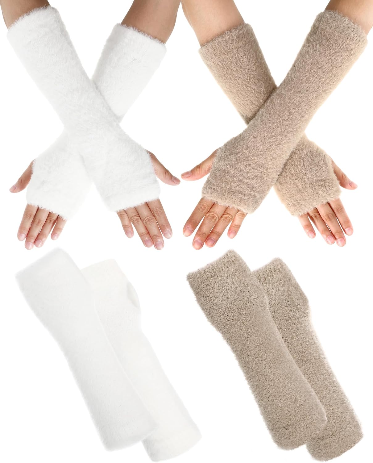 Geyoga 2 Pairs Arm Warmers for Women Long Fingerless Gloves Winter Fluffy Gloves Wrist Warmer with Thumb Hole