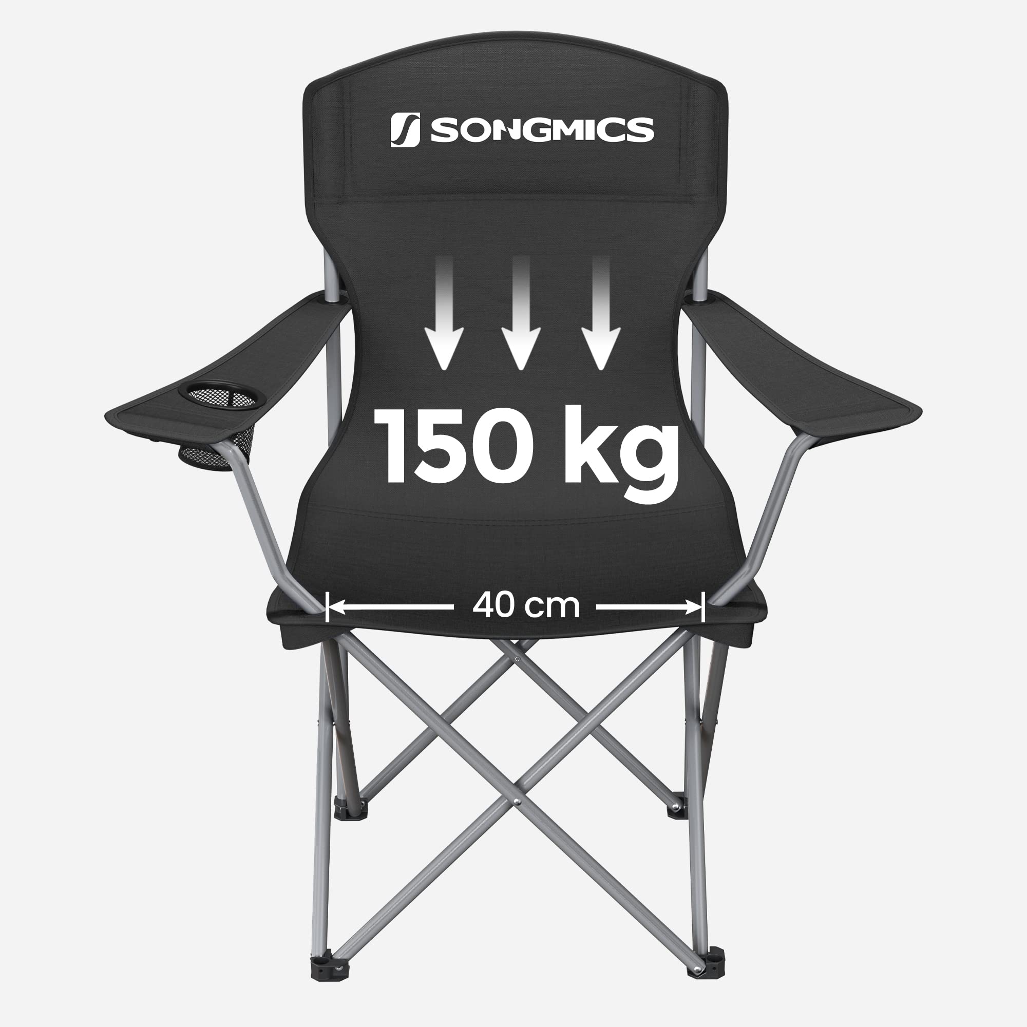 SONGMICS krzesło kempingowe, składane krzesło outdoorowe, krzesło wędkarskie, wysokie oparcie, podłokietniki, uchwyty na napoje, składane, obciążenie do 150 kg, na kemping, do ogrodu