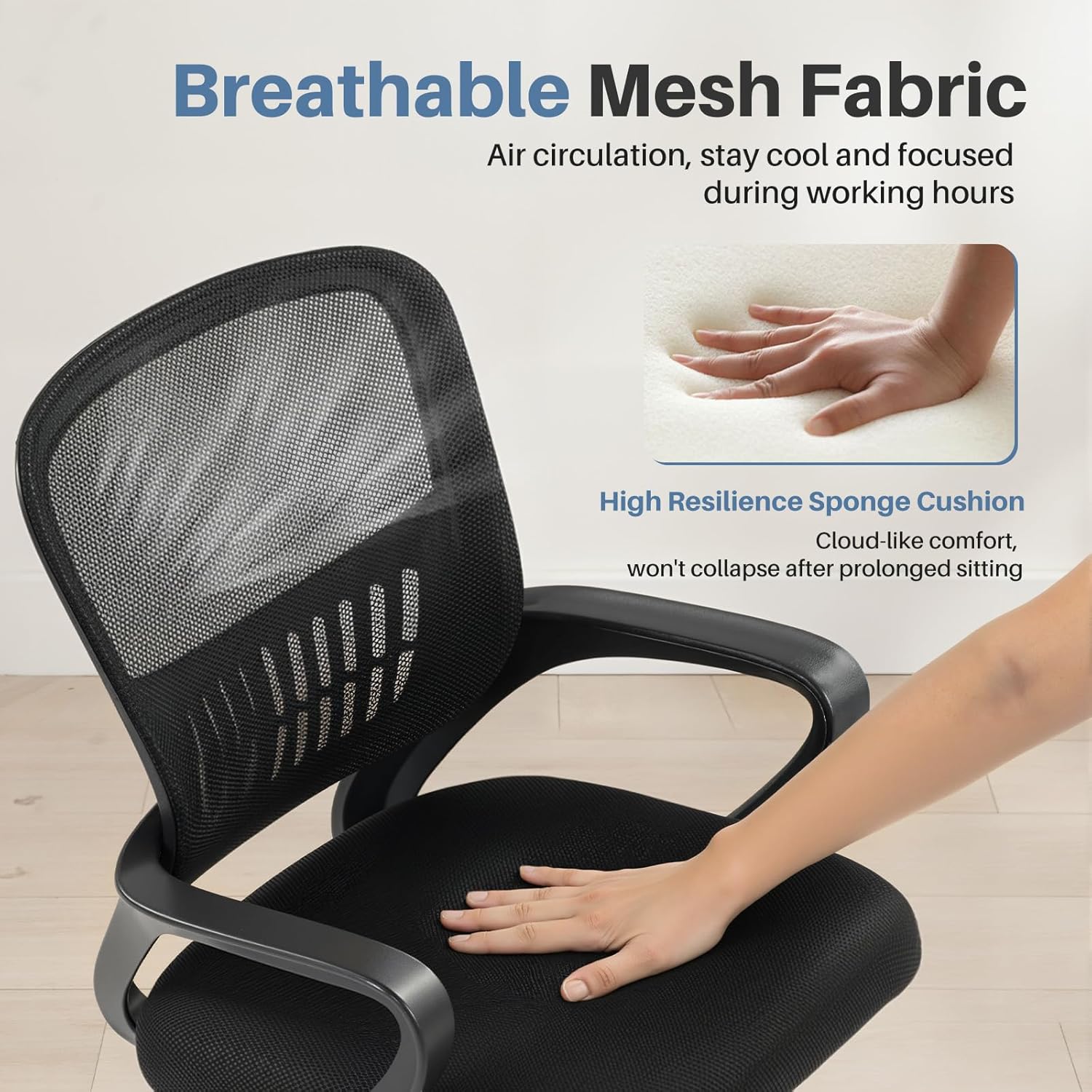 Detailed product dimensions of the DUMOS office chair, including height, width, and depth measurements.