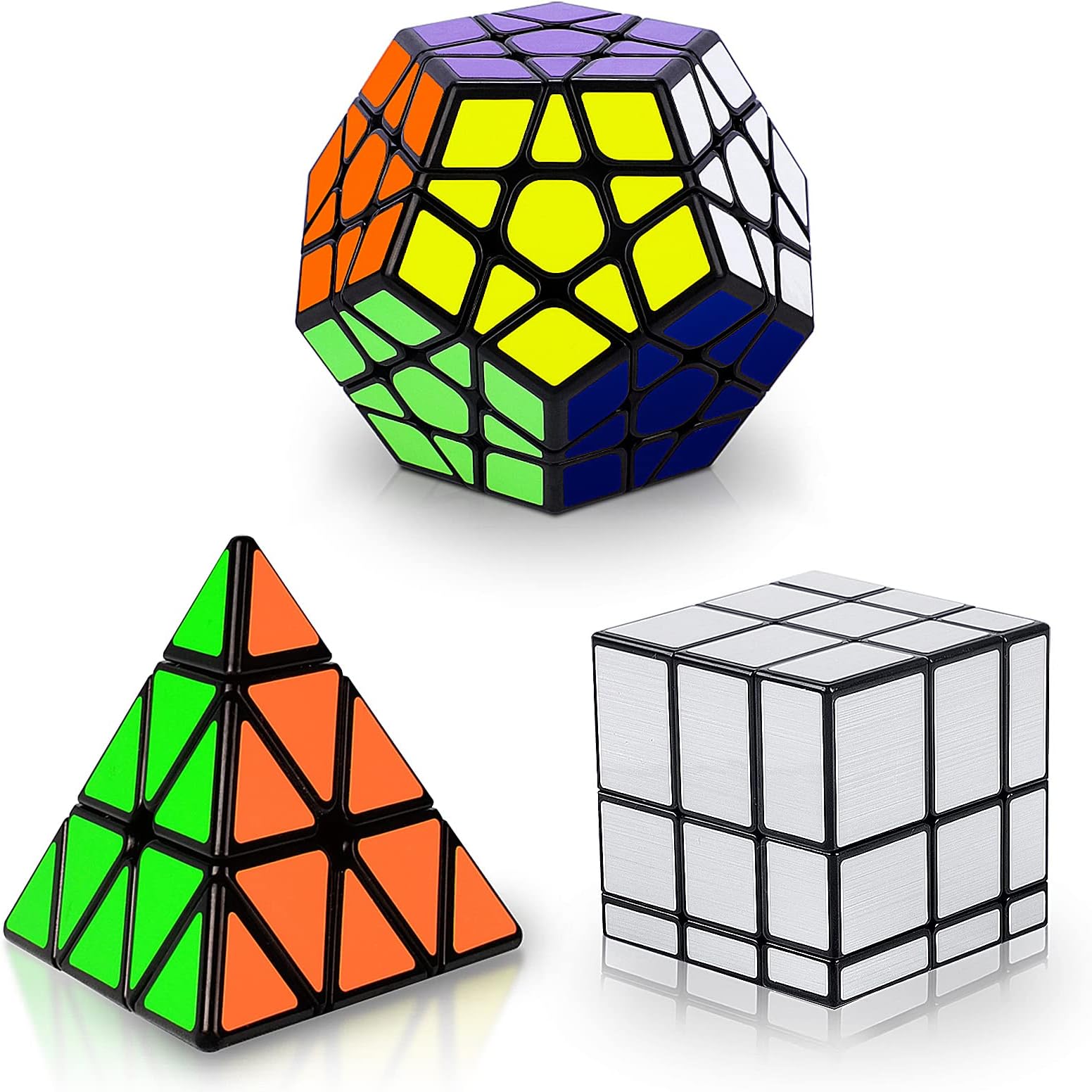 YKL World Speed Magic Cube Set Dodecahedron Megaminx + 3x3x3 Pyraminx + Silver 3x3 Mirror Puzzle Cube