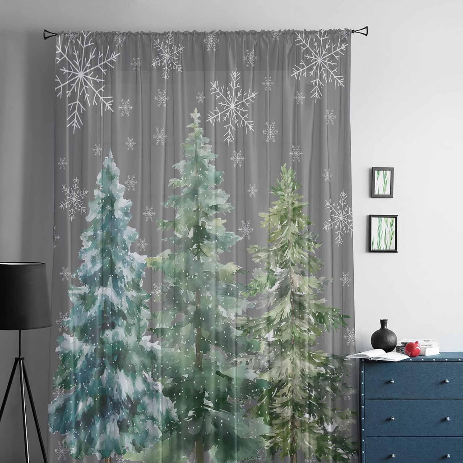 Forest Christmas Tree Window Curtains 96 Inches Long,Semi Sheer Rod Pocket Chiffon Curtains & Drapes Drapery Voile Draperies Window Treatment for Living Room/Bedroom,Winter Snowflake Watercolor Grey