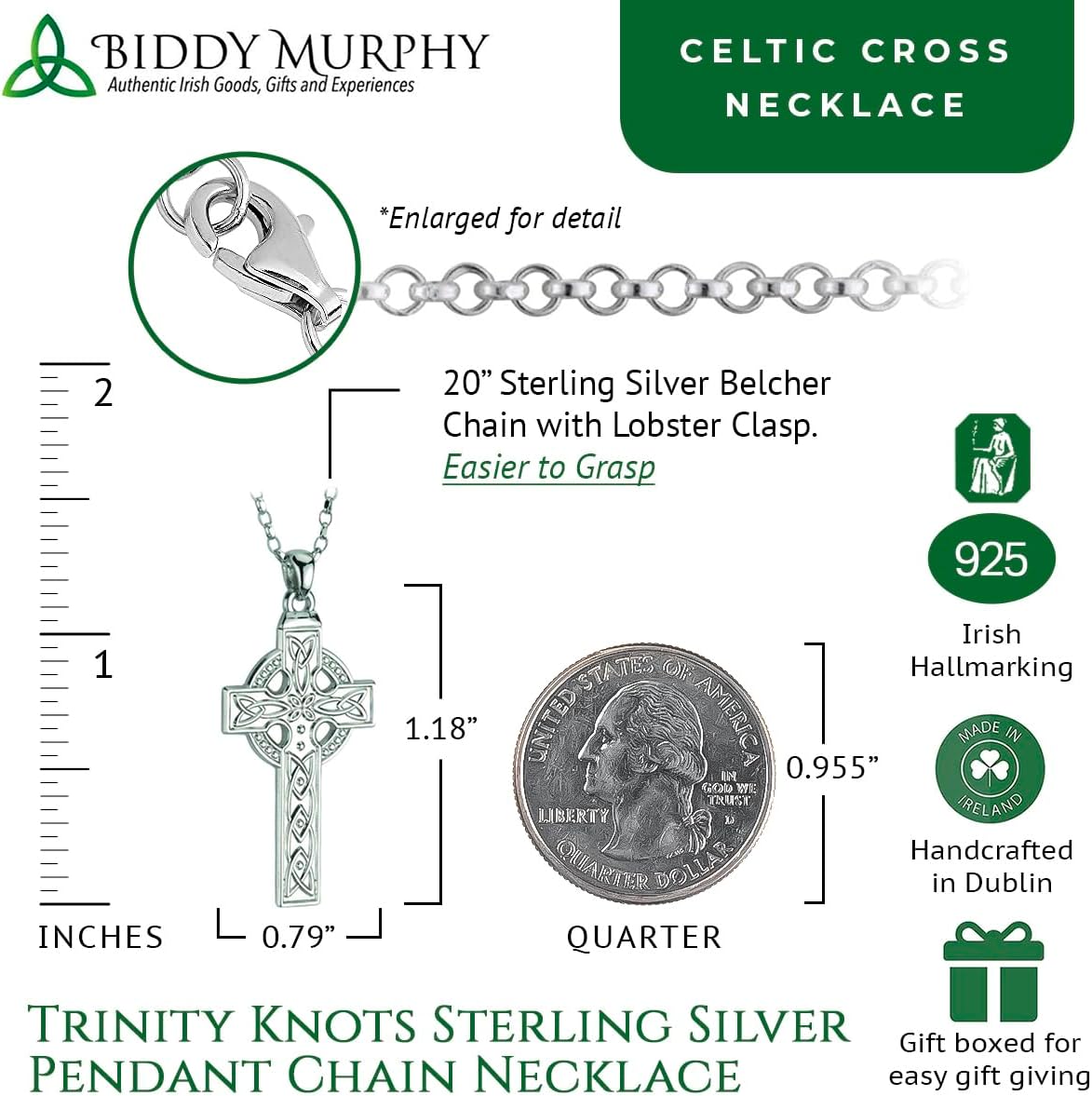 Biddy Murphy 925 Sterling Silver Celtic Cross Pendant Necklace for Men, Irish Trinity Knot, 20" Belcher Chain, Hand Crafted, Imported from Ireland - Image 3