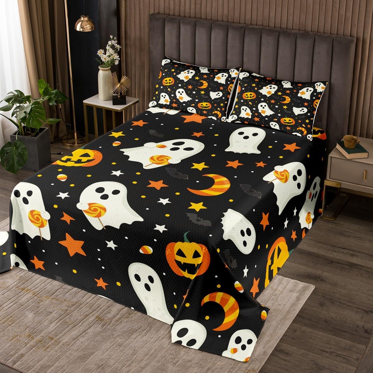 jejeloiu Halloween Pumpkin Decorations Bedspread Pumpkins Print Coverlet Set Twin Size for Kids Boys Girl Trick or Treat Quilted Coverlet Burnt Orange Black White Decorations Quilted Bedroom Decor
