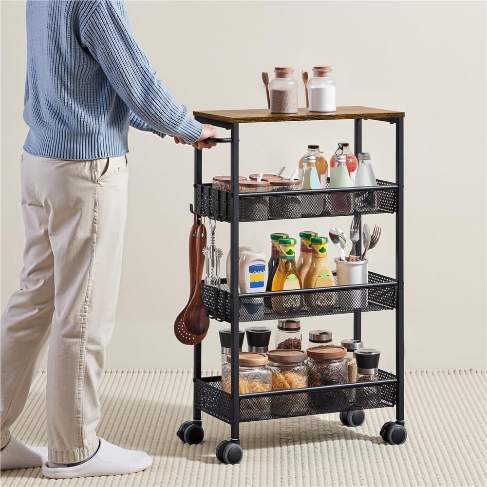 Yaheetch Carrito de Almacenaje de 4 Niveles,con Ruedas Bloqueables,con Ganchos Asa,Marco de Acero con Superficie de Madera,45x22x79cm,para Cocina Estudio Baño Salón, Color Marrón Rústico y Negro