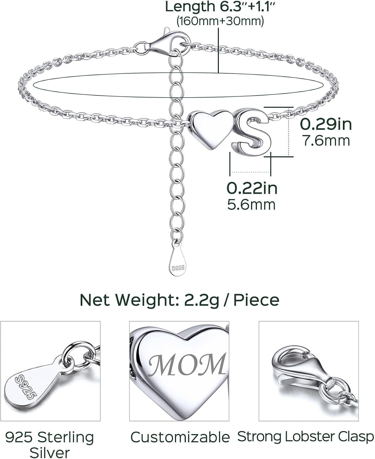 ChicSilver Sterling Silver Initial Bracelet Letters Personalized Heart Bracelet Hypoallergenic Dainty Bracelets for Women