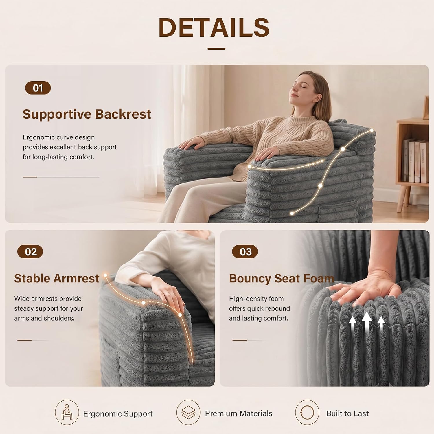 Tiita Adult Bean Bag Chair, Boneless Foam Chair with Armrests, Dark Grey