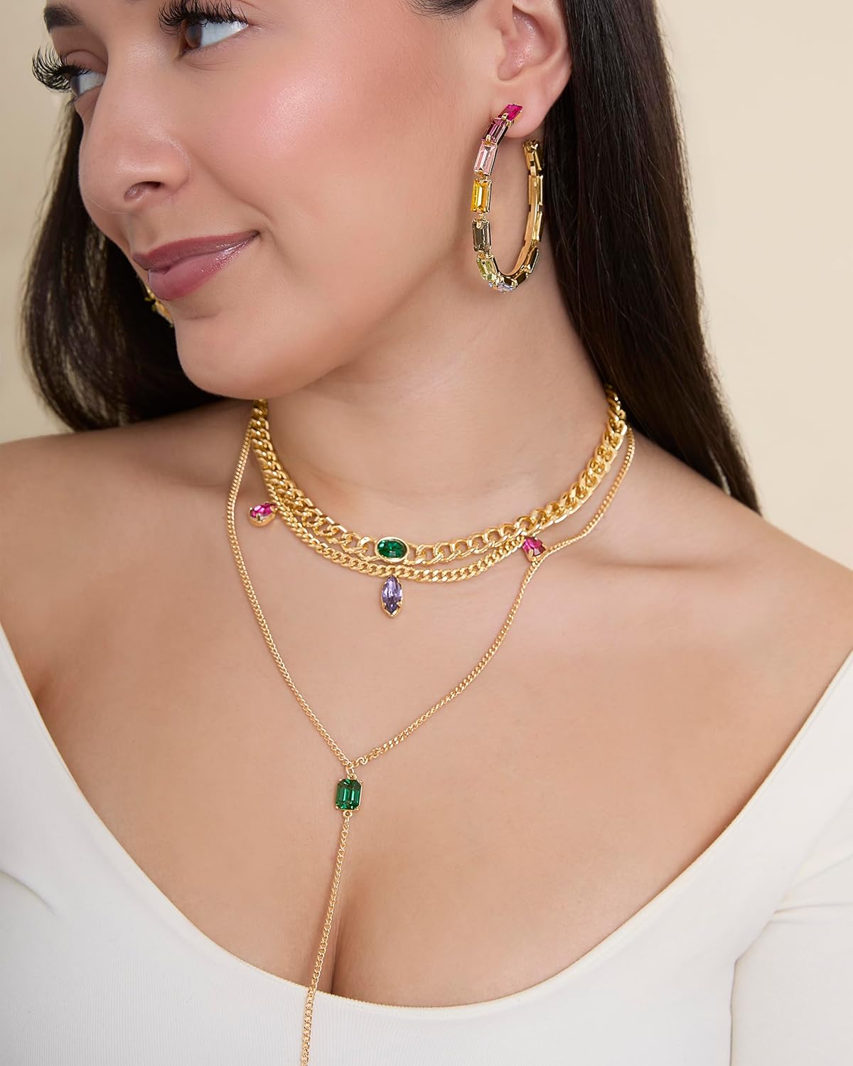 Jessica Simpson Gemstone Layered Necklace for Women 15-20"+3", Gold-Tone Layered Necklaces with Colored Gems - Image 2