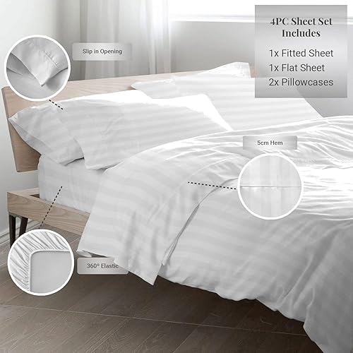 Miniatura 2 de Pizuna Juego de sábanas de 100 % algodón Dobby a cuadros para cama tamaño Queen, color blanco, 300 hilos de algodón de fibra larga, sábanas de satén