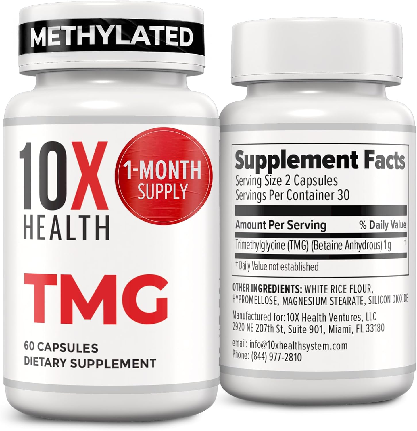 10X Health TMG Supplements - Trimethylglycine Supplement for Liver Support, Heart Wellness, Energy, Homocysteine Levels - TMG Capsules with Betaine Anhydrous - Non-GMO & Gluten-Free - 60 Capsules