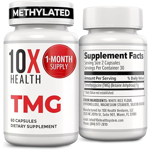 10X Health TMG Supplements - Trimethylglycine Supplement for Liver Support, Heart Wellness, Energy, Homocysteine Levels - TMG Capsules with Betaine Anhydrous - Non-GMO & Gluten-Free - 60 Capsules