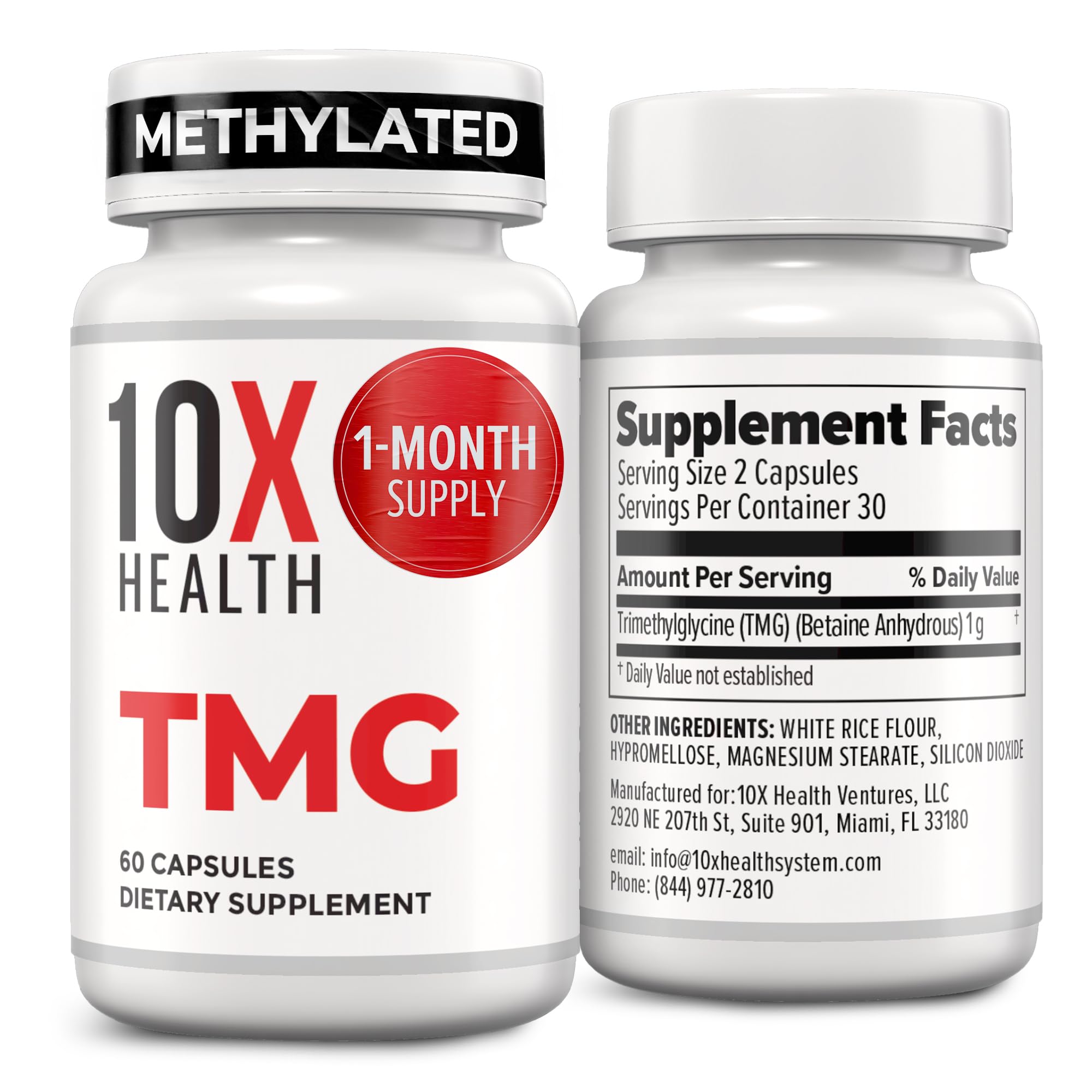 10X Health TMG Supplements - Trimethylglycine Supplement for Liver Support, Heart Wellness, Energy, Homocysteine Levels - TMG Capsules with Betaine Anhydrous - Non-GMO & Gluten-Free - 60 Capsules
