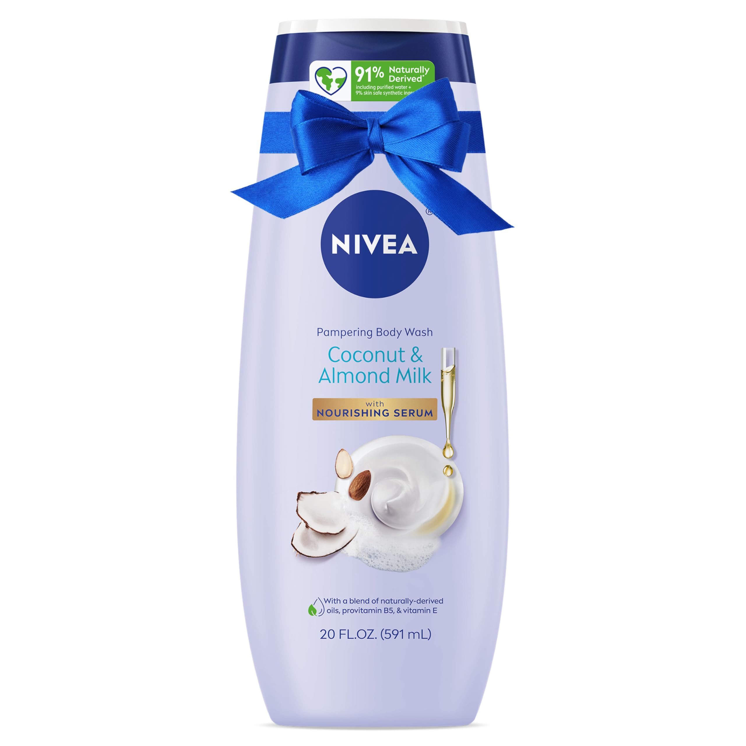 NIVEA Pampering Coconut and Almond Milk Body Wash with Nourishing Serum, Moisturizing Body Wash for Women, Enriched with Provitamin B5 and Vitamin E, 20 Fl Oz Bottle