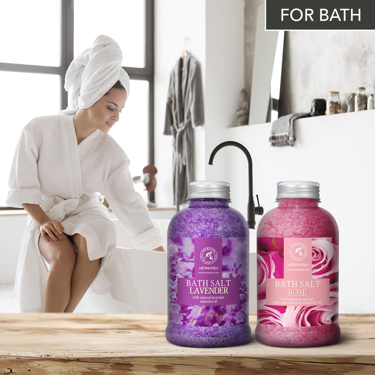 Sales Marinas de Baño Set Lavanda & Rosa 2х600g - Sal Marina con Aceite esencial de Lavanda - Aceite Esencial Absoluto de Rosa - Cuidado Corporal - Baños de Relajación - Aromaterapia