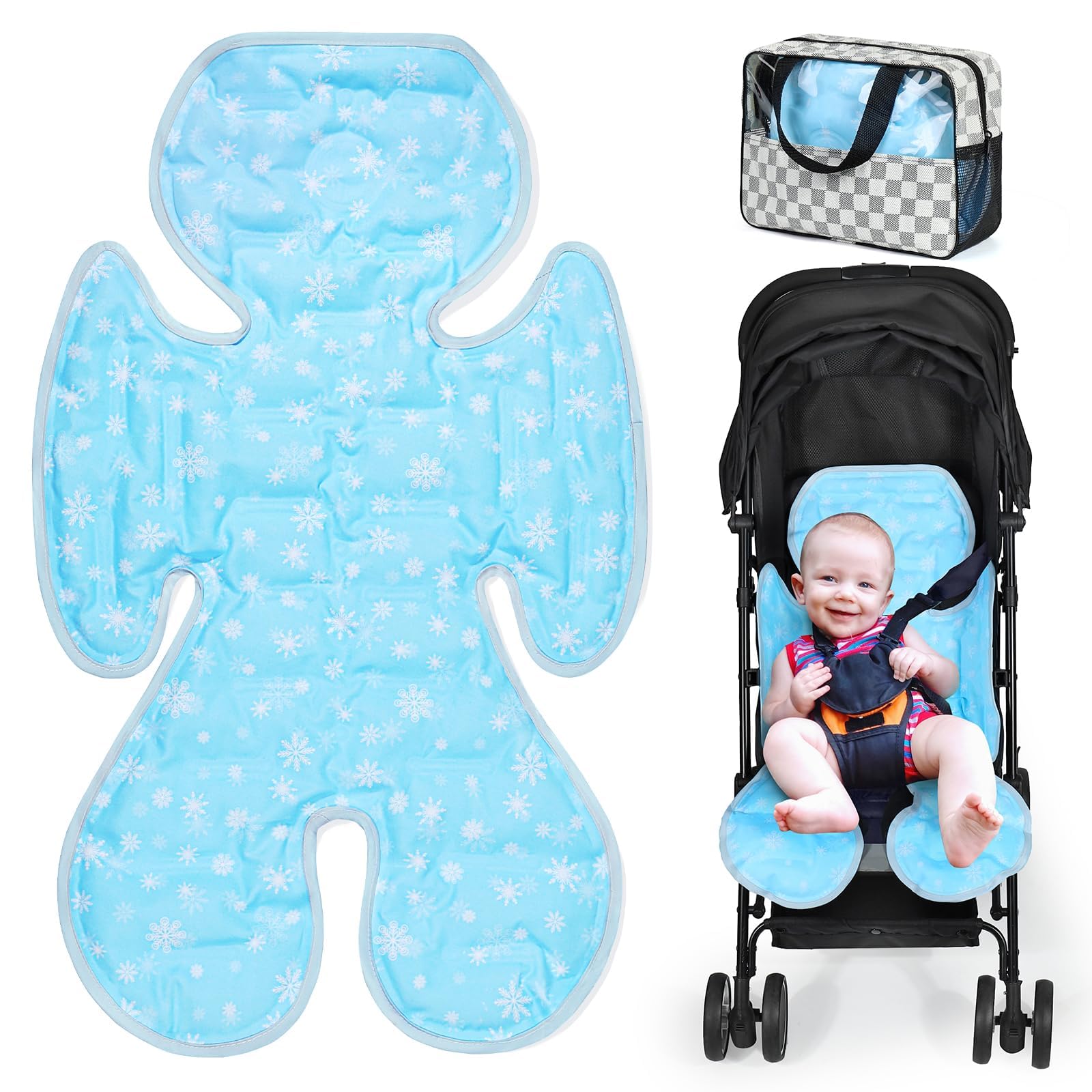 Orzbow Cuscino Passeggino Estivo,Reversibile Gel Materassino Passeggino Universale, Copri Raffreddamento Seggiolino Auto Universale per Seggiolini Auto, Seggioloni e Carrozzine, Fiocchi di Neve