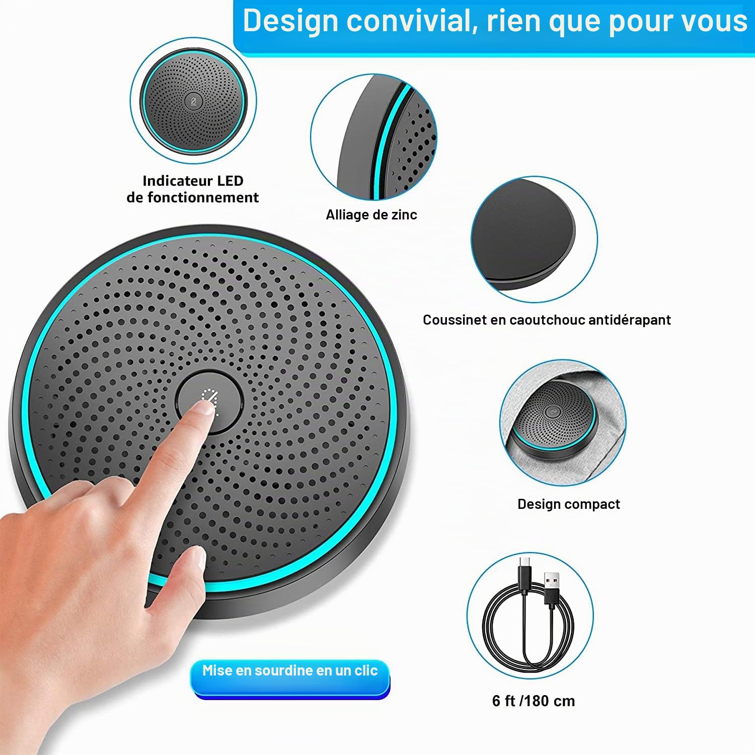 Microphone USB pour conférence vidéoconférence PC, Cours en Ligne Jeux Zoom | Plug & Play, Compatible avec Mac Windows PC, Pas un locuteur