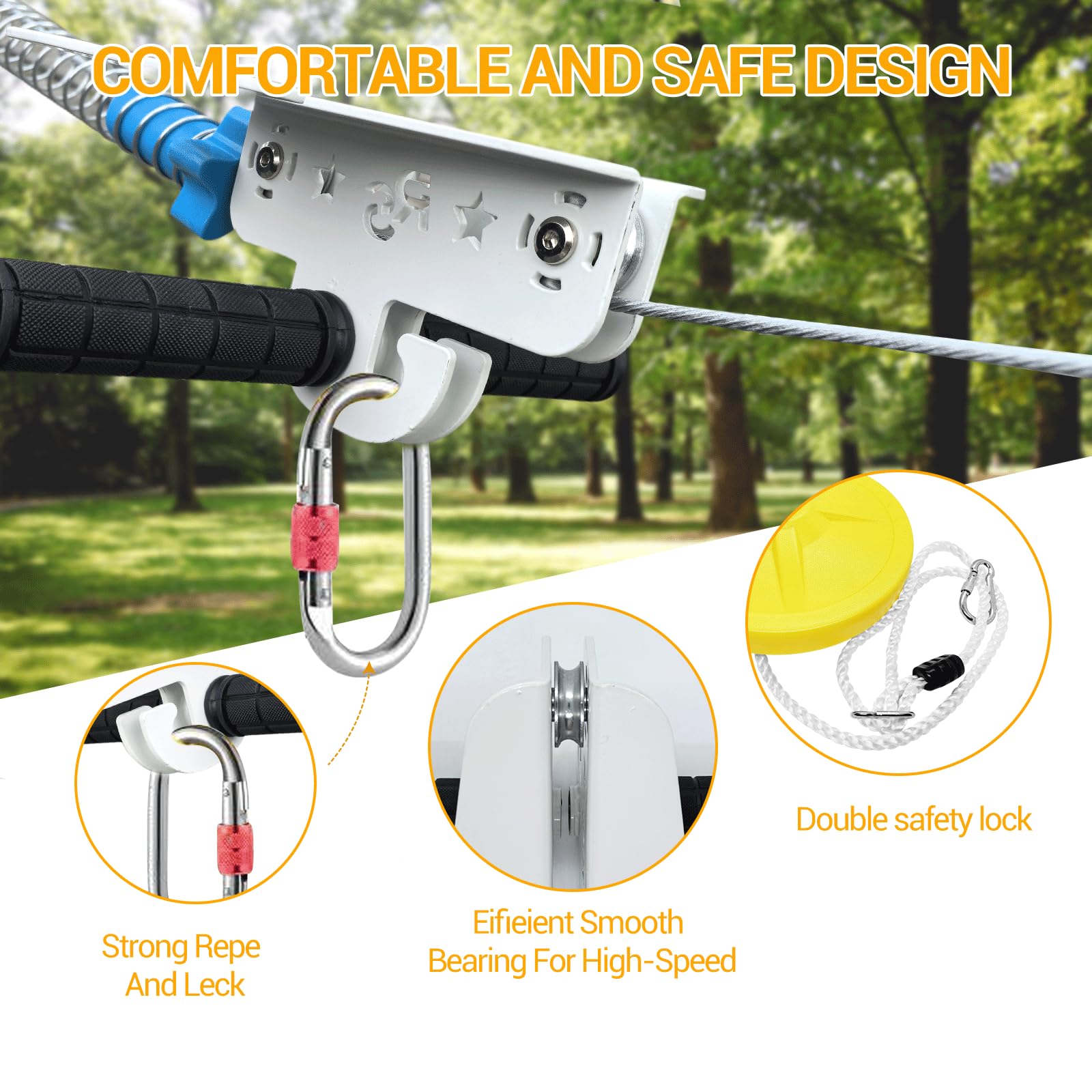 Slackline Set tirolina eslingas de Amarre 24 m 80 pies para niños y Adultos,Juego de Aventura en el Patio Trasero,hasta 150 kg Resistente,Cable de Seguridad y Freno de Resorte,Estilo de avión Naranja