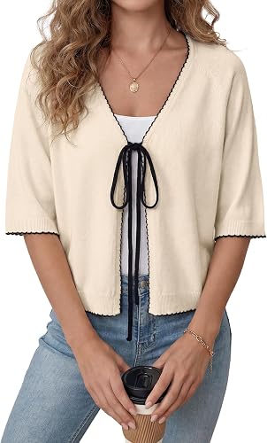OPOIPIN Women's Knit Tie Front V Neck Half Sleeve Elegant Cardigan Sweater Boler