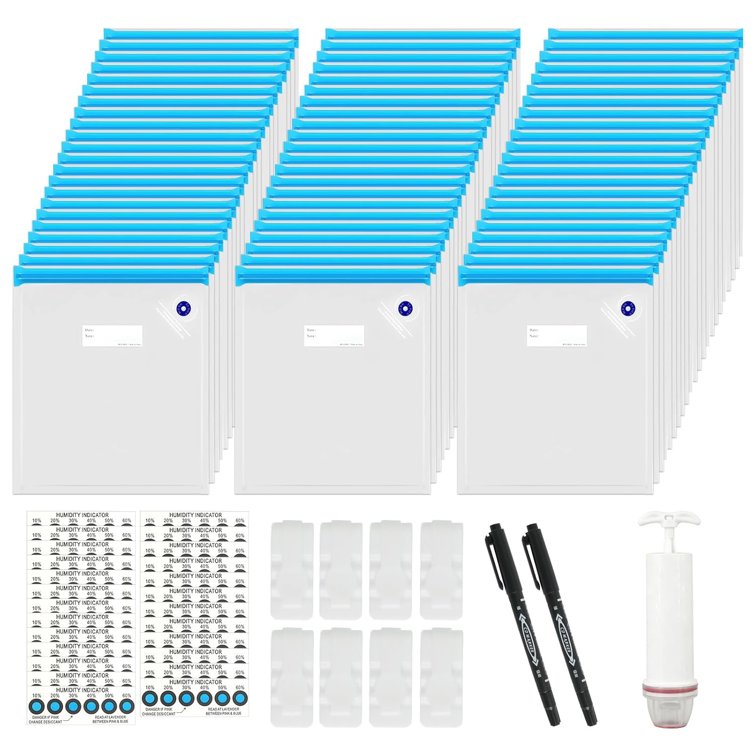 100 Pcs 3D Filament Storage Bags 13.4 x 11.8 Inch Reusable 3D Printer Filament Storage Bags and Humidity Indicator Cards Vacuum Sealed Kit with sealed bag clips pen pump for Keeping Files Dry