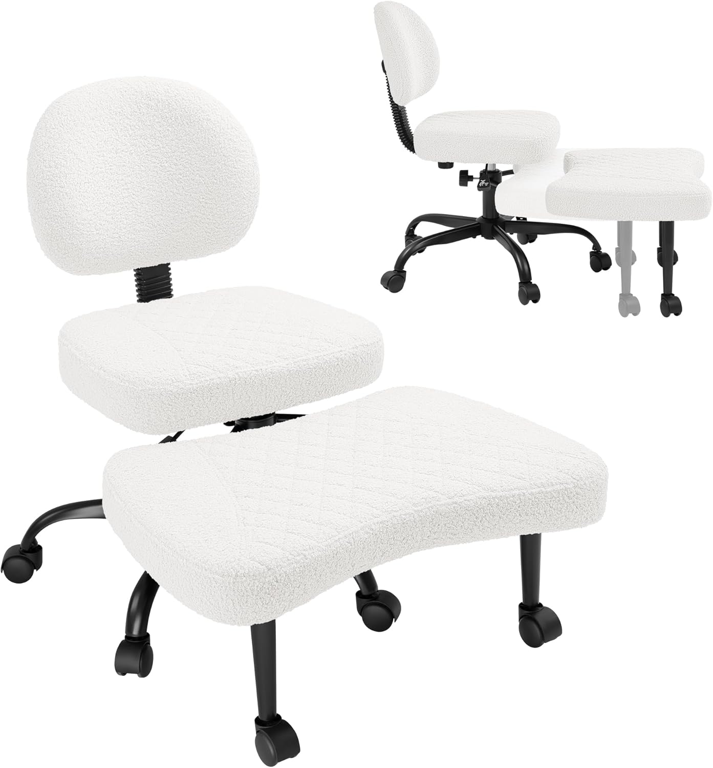 GUNJI Ergonomic Criss Cross Legged Office Chair, 360° Swivel Meditation Kneeling Chair with Wheels, ADHD Chair with Footrest, Lumbar Support, Wider Height Adjustable Seat (White, Teddy Fleece)