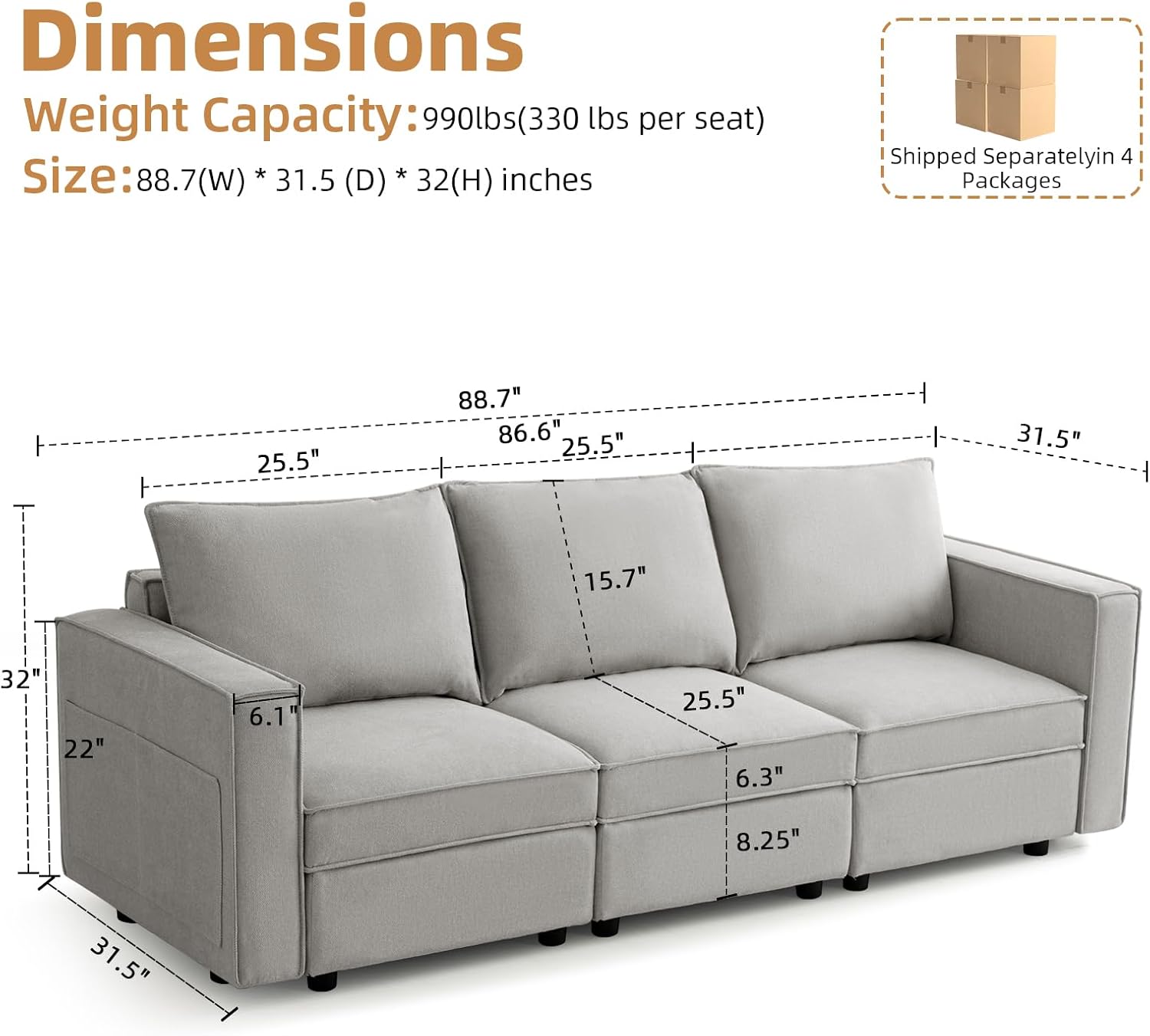 ABAKAN 88.7" Modular Sectional Sofa with Storage, Modern Couches for Living Room, Comfy 3-Seater with Movable Ottoman, Side Pockets, Removable Cushion Cover, Linen, Grey