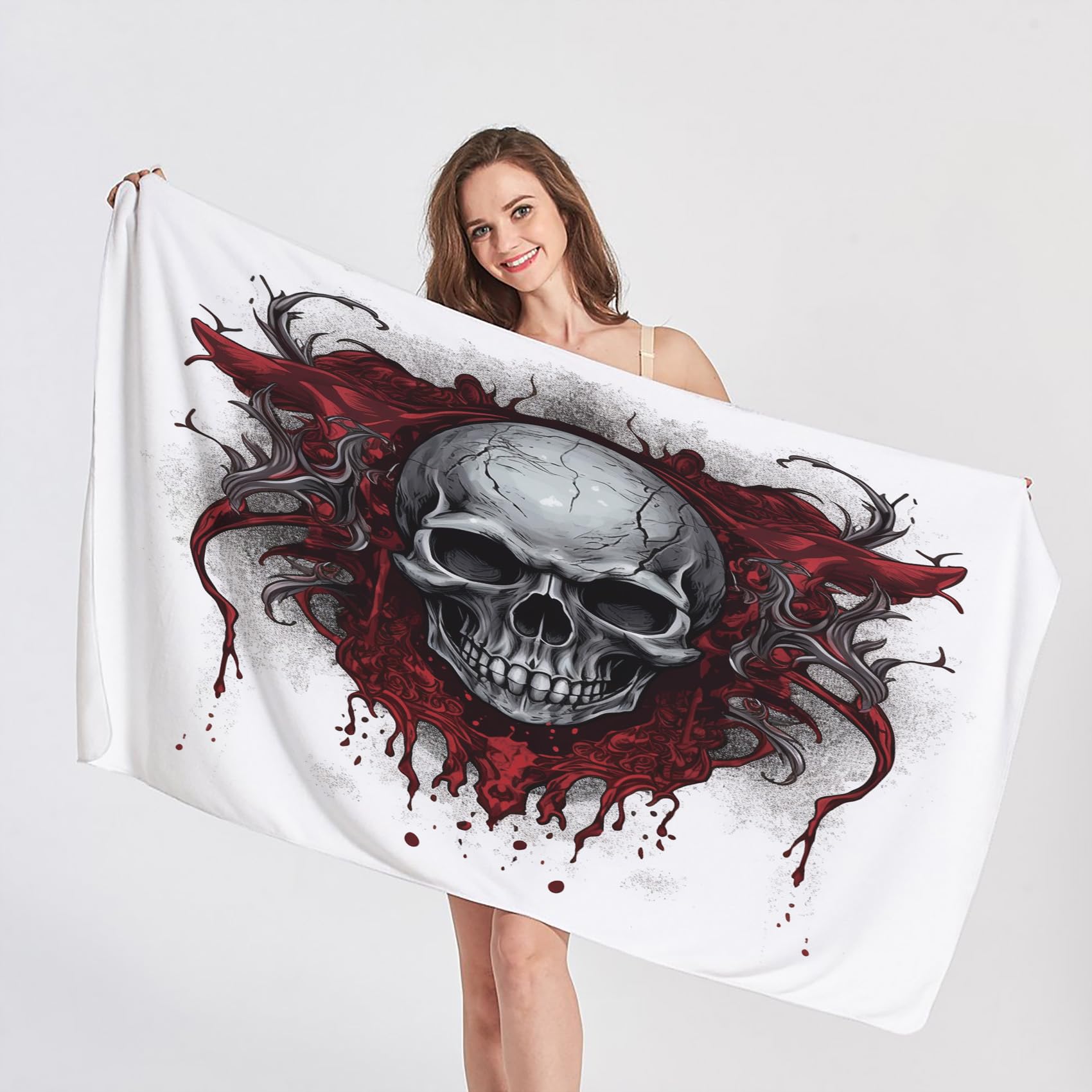 QEODAH Gothic Skull Beach Towel, Microfibre Towel, Horror Beach Towels, Quick Dry & Sand Free & Lightweight & Super Absorbent Towel for Travel, Gym, Bath, Swimming, Beach Blanket, 100 x 180 cm