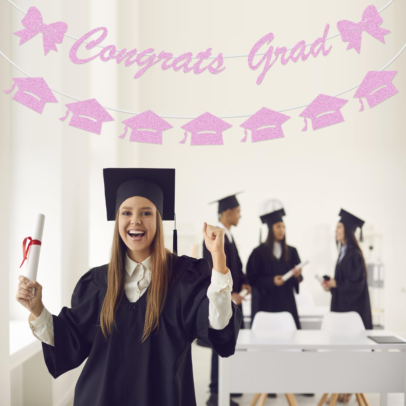 Pink Glitter Graduation Banner Decorations Supplies - Image 4