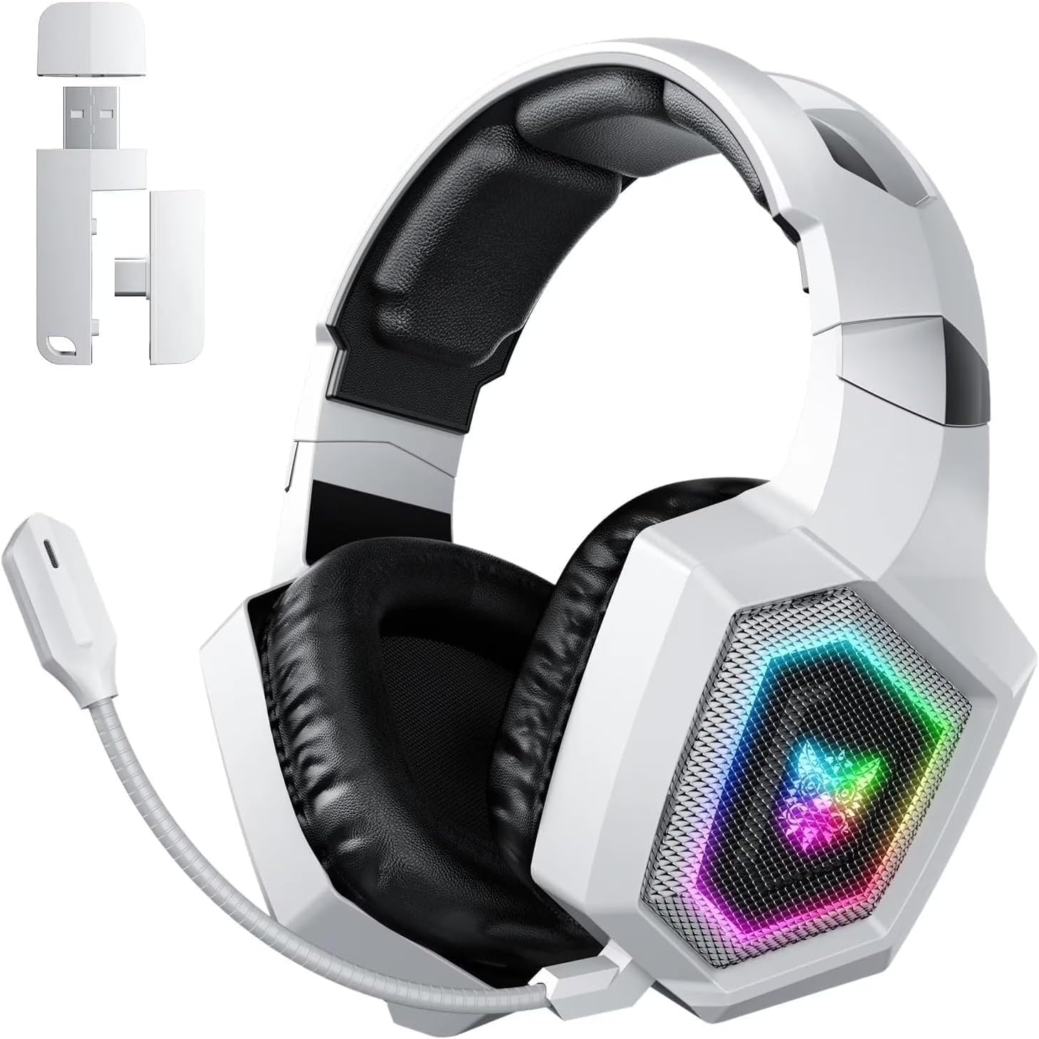 Wireless Gaming Headset for PS5/PS4/PC/Mac/Switch, 2.4G/Bluetooth 5.3, 7.1 Surround Sound, Noise-Canceling Mic, 60H Battery, RGB Lights, White