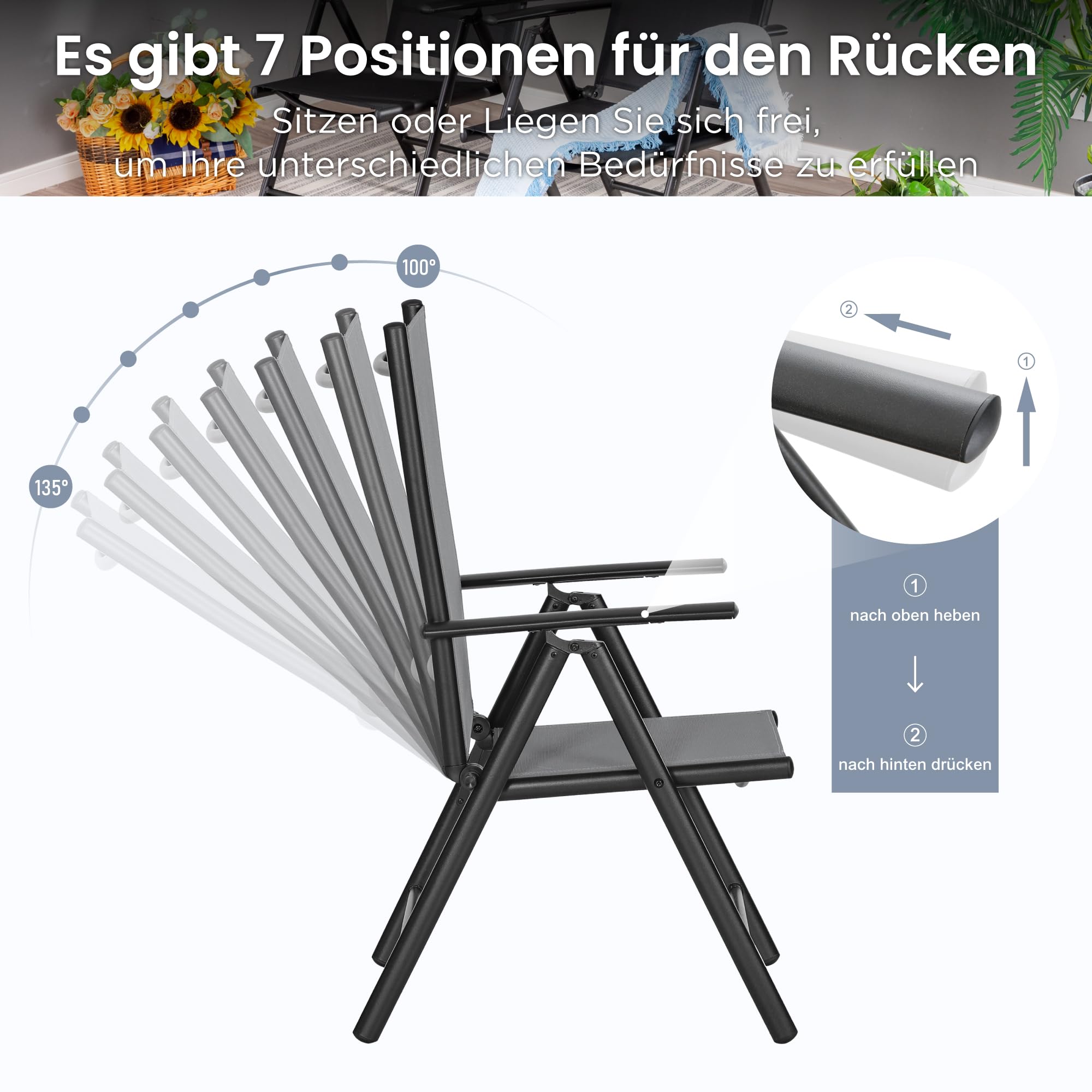 PHI VILLA Gartenmöbel Set Wetterfest Gartentisch mit Stühlen 6 Personen Metall Gartentisch mit 7-Fach Verstellbar Hochlehner Klappbar Aluminium Gartenstühle Set 6, Terassenmöbel Außen Grau