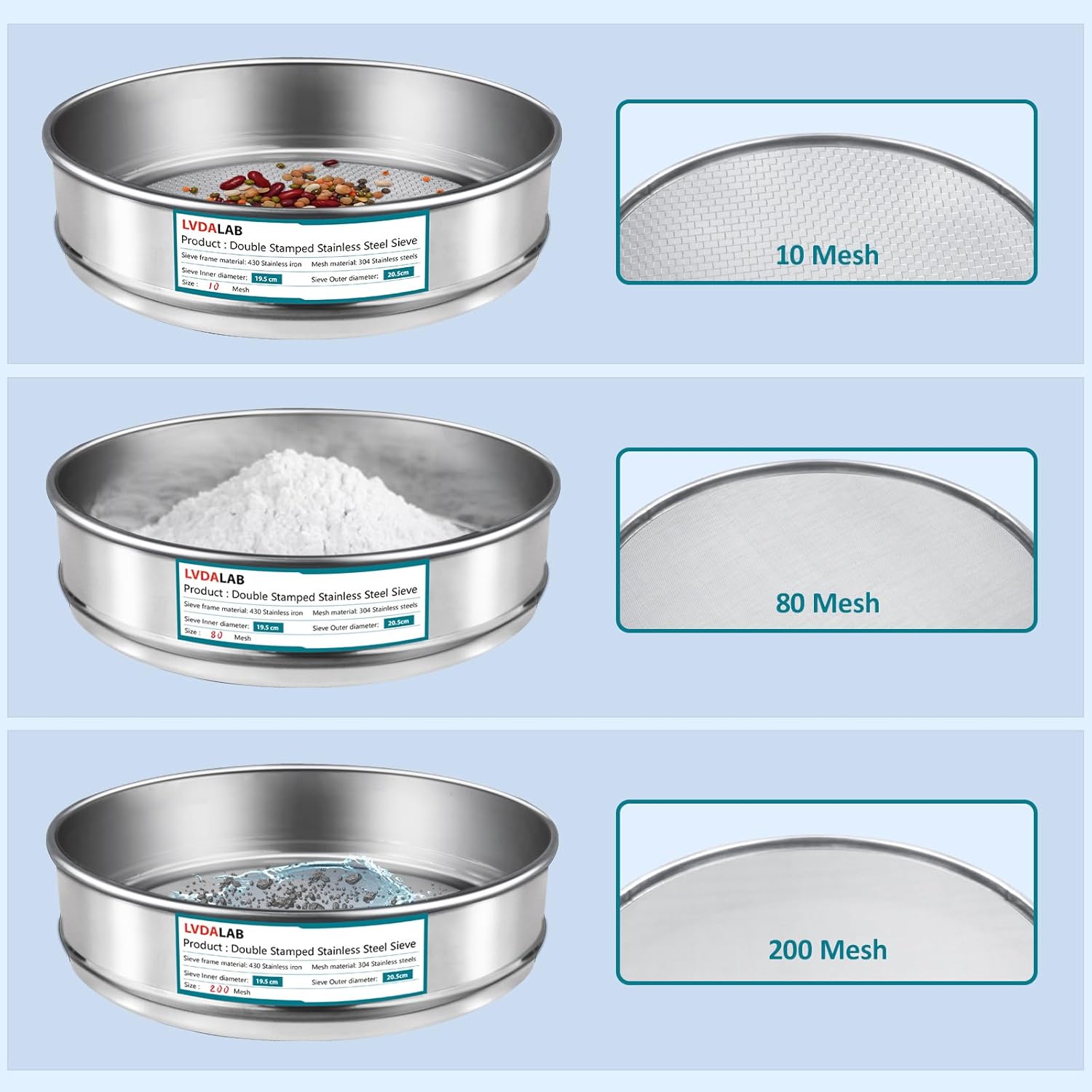 3 Pack 304 Stainless Steel Mesh Lab Sieves, 200mesh 0.075mm, 80 Mesh 0.2mm, 10 Mesh 2mm Aperture Test Sieve,7.9in/20cm Dia Economy Test Sieve for Industrial Laboratory Homes