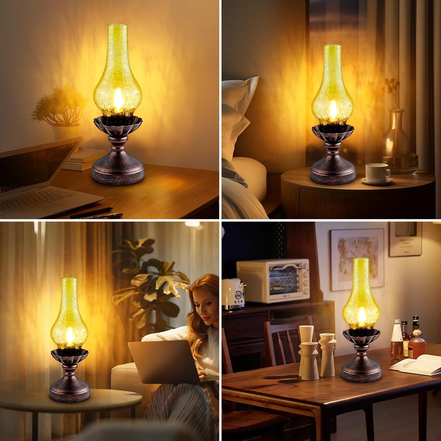 Touch Control Vintage Table Lamp | 3-Way Dimmable Rustic Retro Farmhouse Bedside Lamp with Amber Glass Shade and LED Bulb for Bedroom, Living Room, Cabin, Office - Image 6