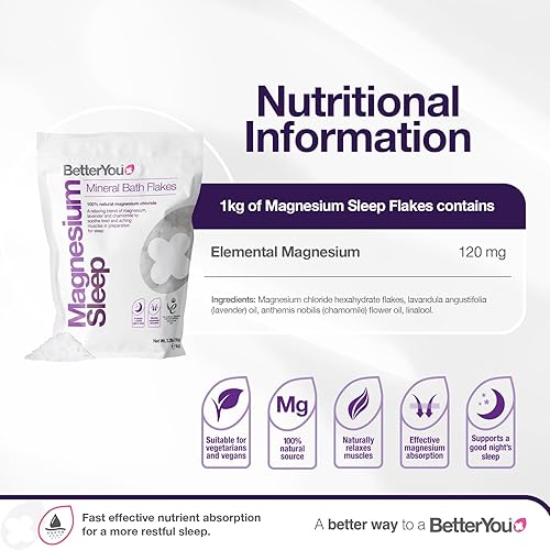 Miniatura 3 de BetterYou Magnesium Sleep Mineral Bath Flakes - Sales de baño minerales para la relajación muscular - Remojo muscular calmante para el dolor -