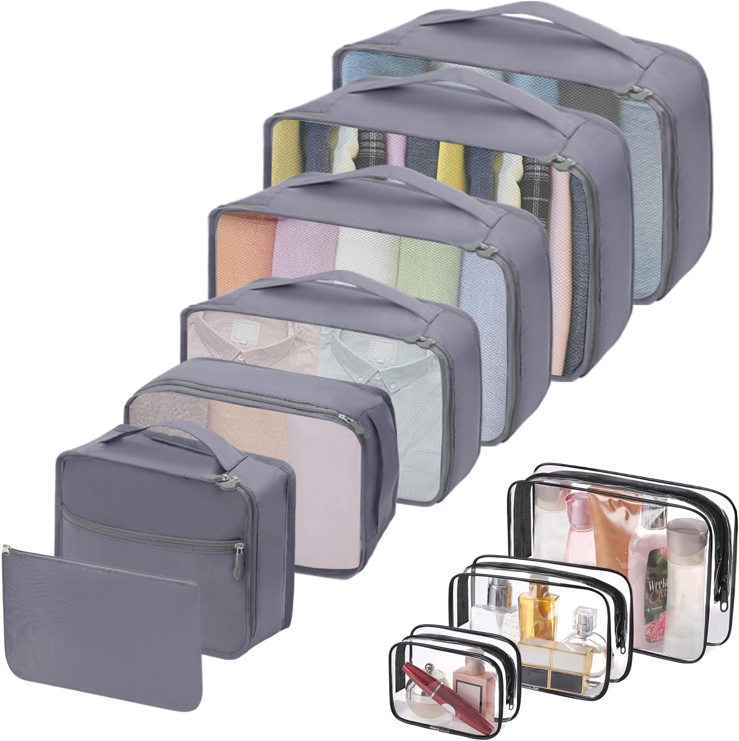 CNMTCCO Packing Cubes for Suitcases,10 PCS Travel Organiser Packing,Travel Luggage Packing Bags Set,Waterproof Essentials Bag,Clothes Shoes Cosmetics Storage Bags (Grey)