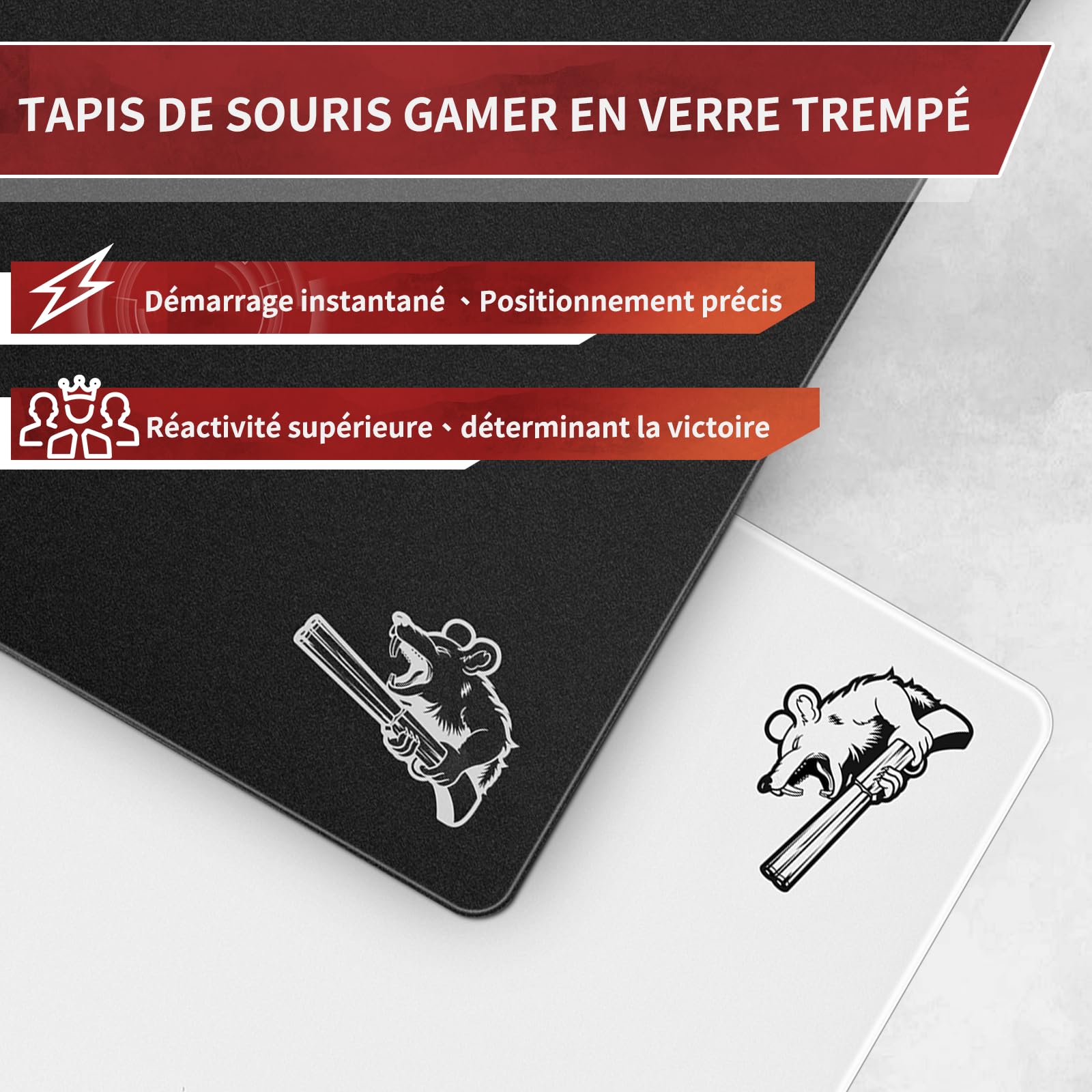 SIROOLAC Tapis de souris de jeu en verre 400 mm x 500 mm FPS spécial jeu en verre trempé durable 3 mm d'épaisseur Tirez avec précision et rapidement sur les adversaires (400 mm x 500 mm, noir)