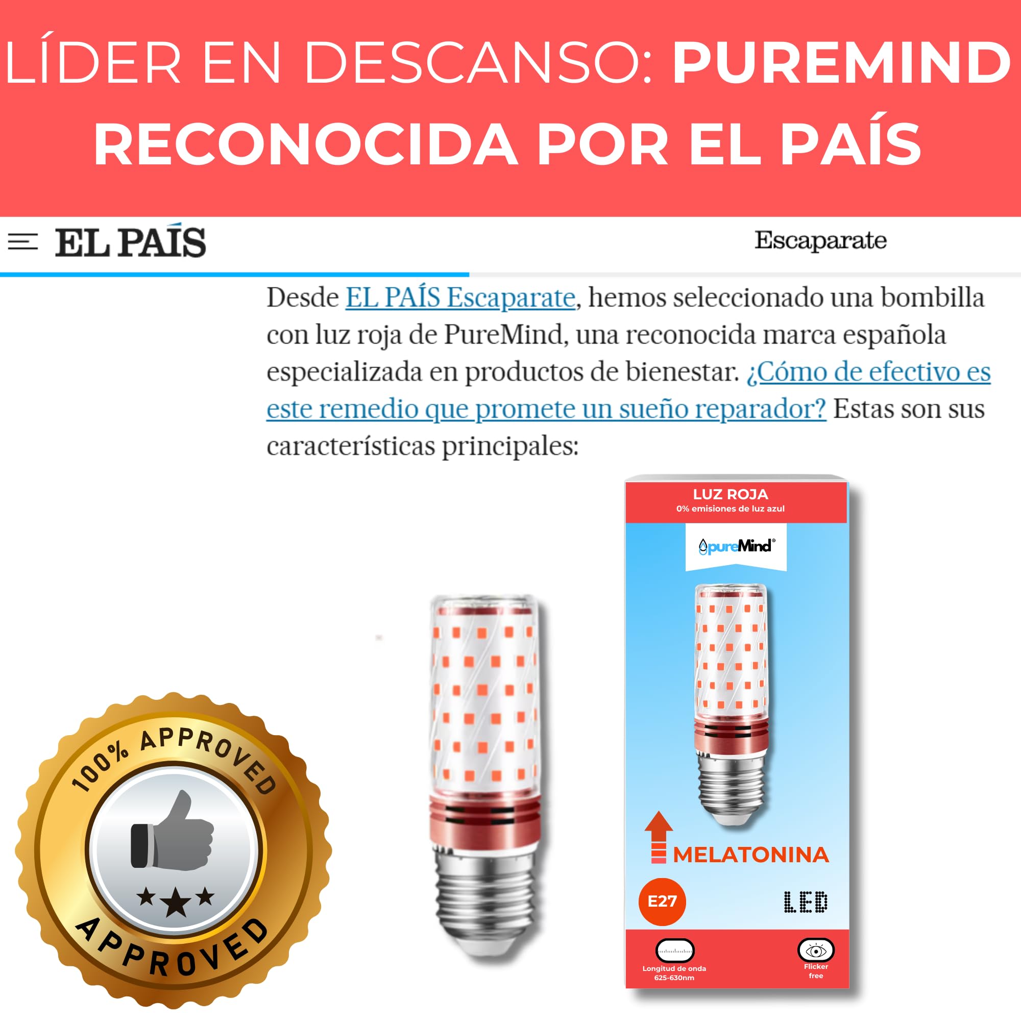 Bombilla LED Roja E27 Para Dormir - Sin Luz Azul, Favorece La Melatonina