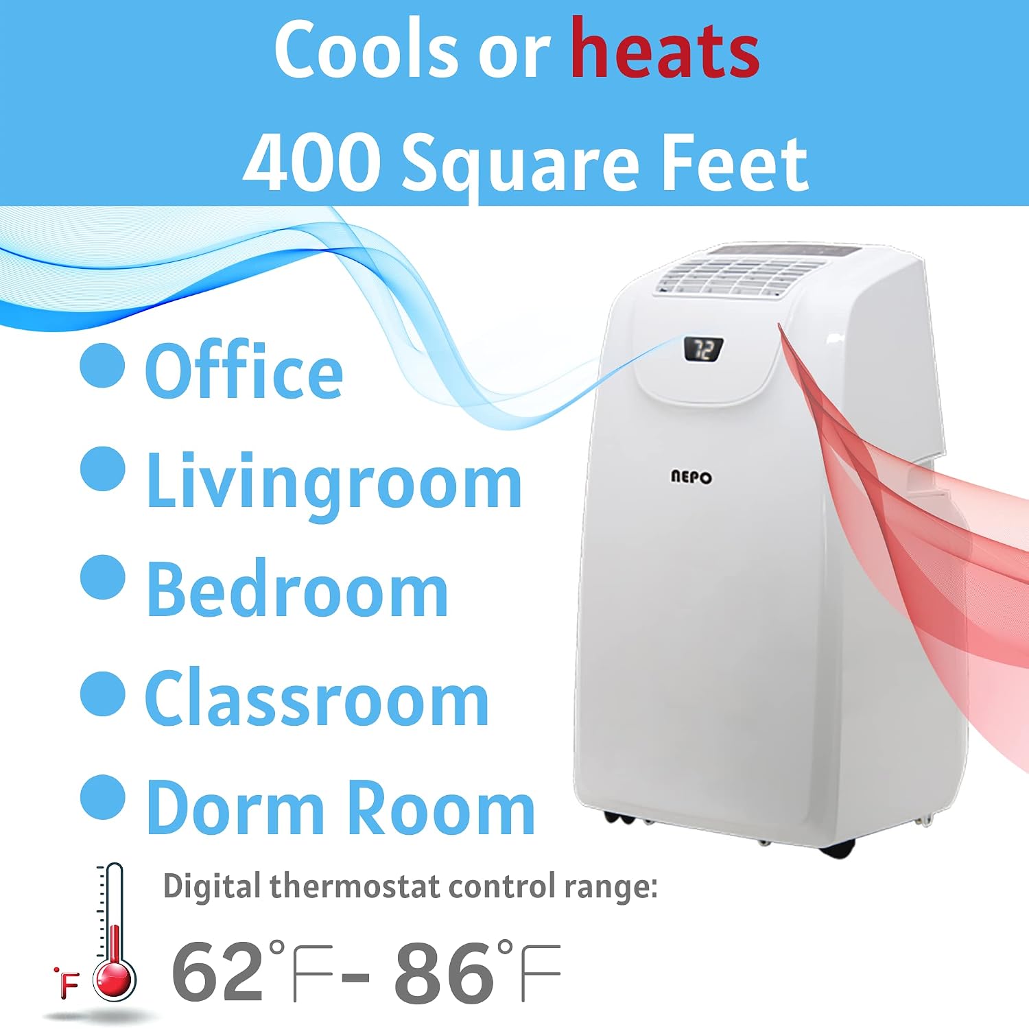 NEPO NPP-E514HC 14,000 BTU 4 in 1"All Season" Portable AC with Heater, Dehumidifier, Fan and Remote Control