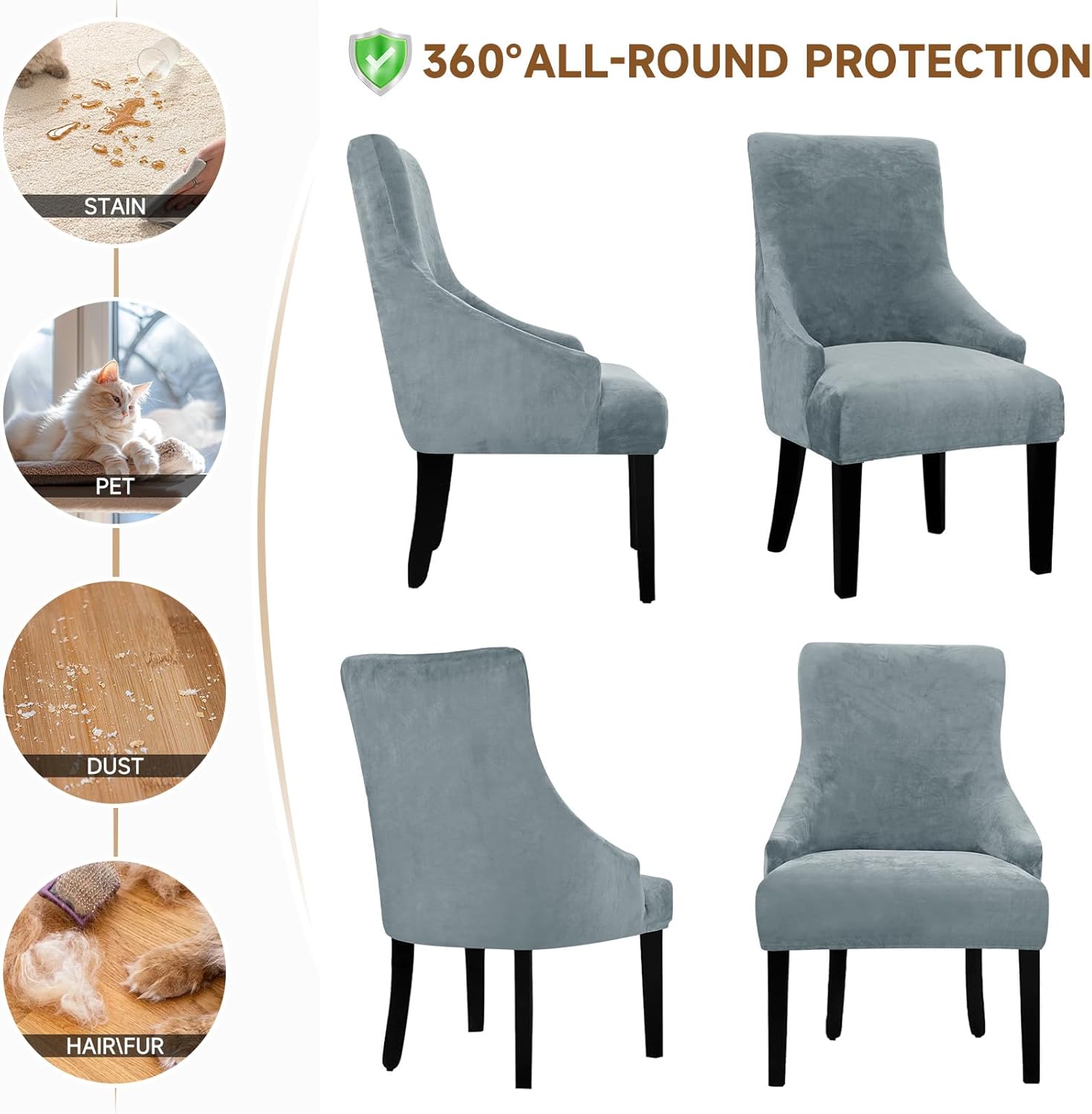 Velvet Wingback Dining Chair Cover Soft Stretch Accent Chair Cover Slipcover Thick Plush Wing Back Chairs Covers Furniture Protect Washable Chairs Protector Covers for Dining Room (Silver Grey, 4)