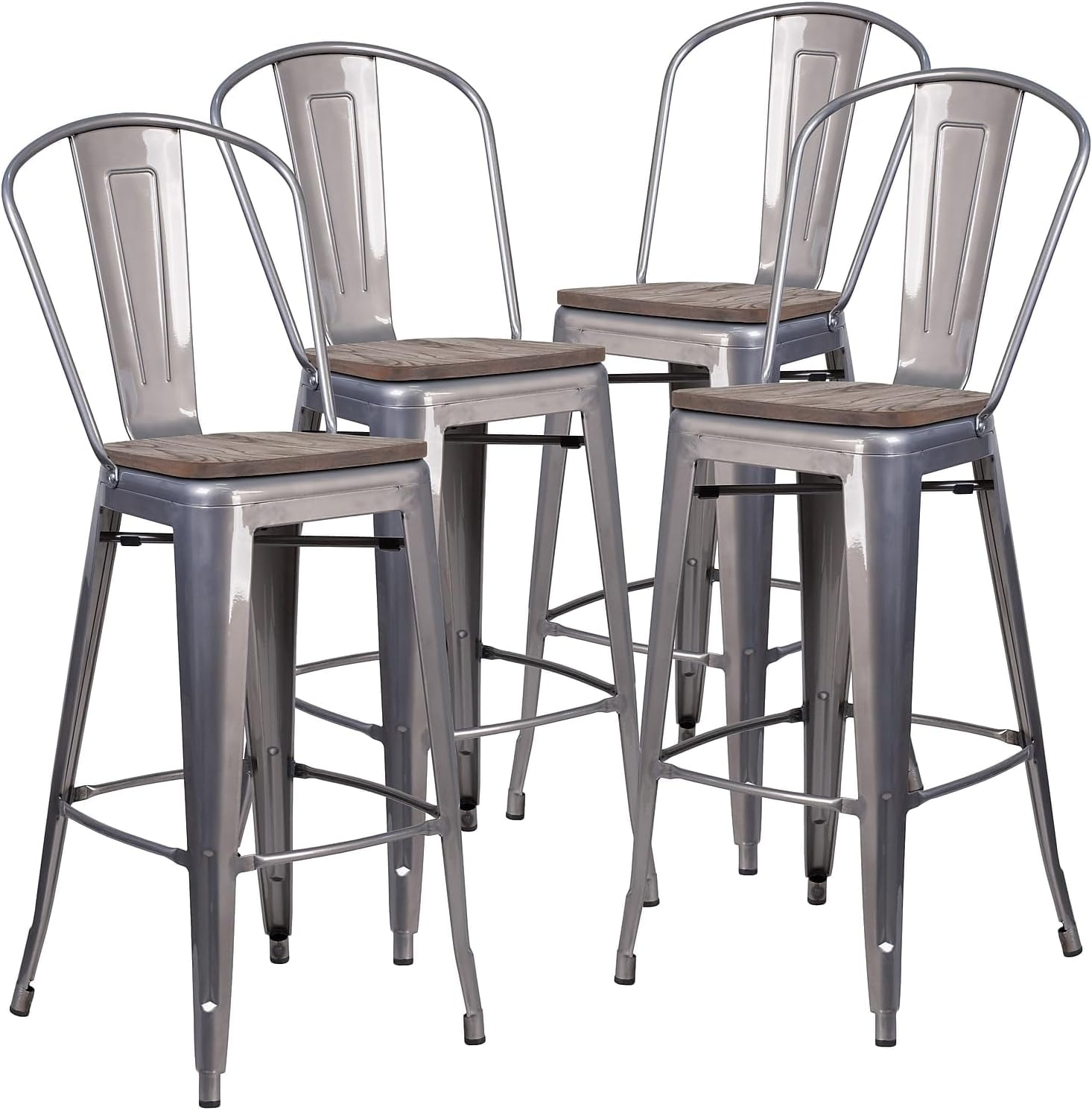 BOWERY HILL Contemporary 30" Metal Bar Stool, Black Powder Coat Finish, Galvanized Steel Construction, Curved Back with Vertical Slat, Footrest, Stackable Design for Indoor and Outdoor Dining Use