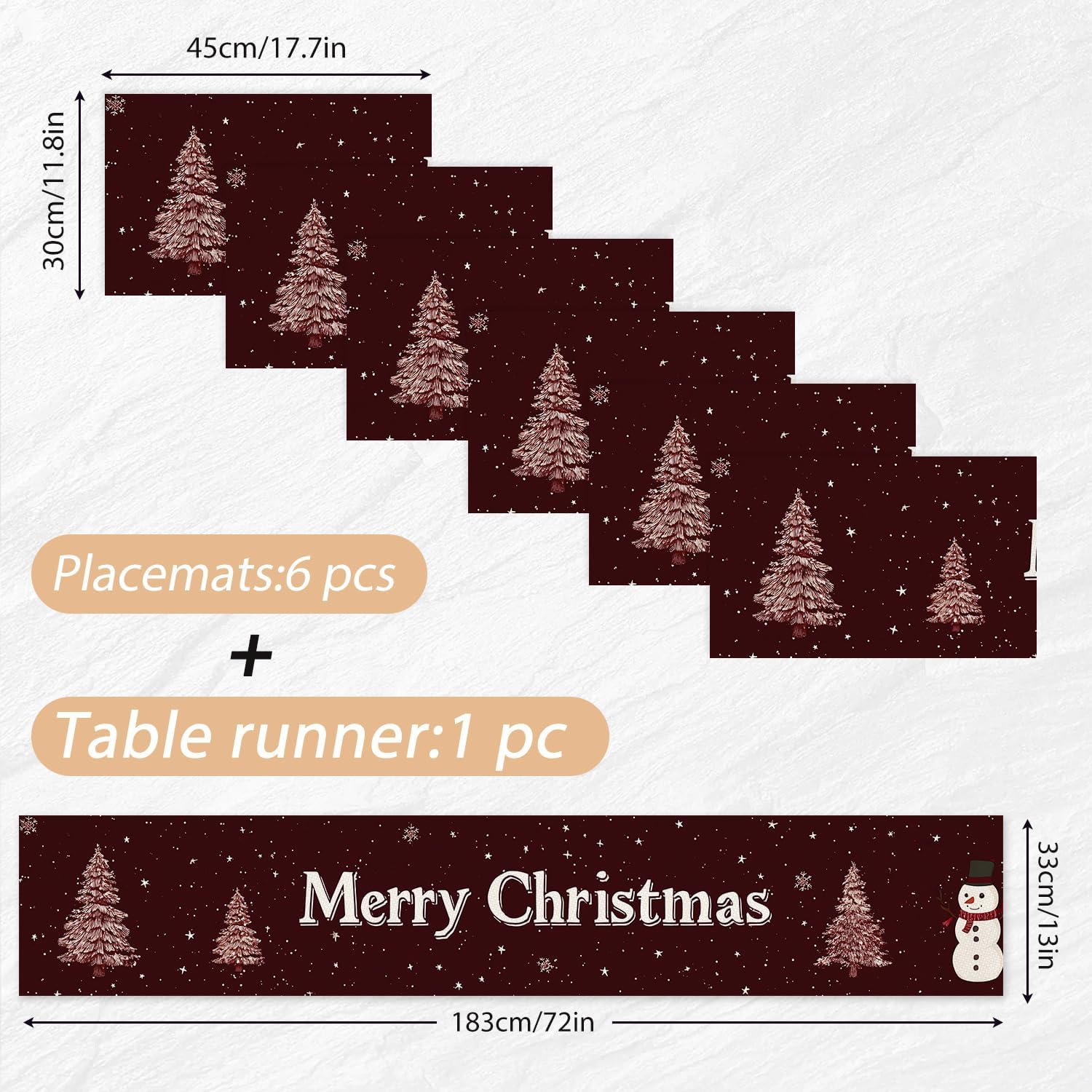 ANNA QUEEN Christmas Tree Table Runner and Placemats Set of 6, 13"x72" Red Table Runner with 12"x18" Placemats for Xmas Dinner, Holiday Party Table Setting