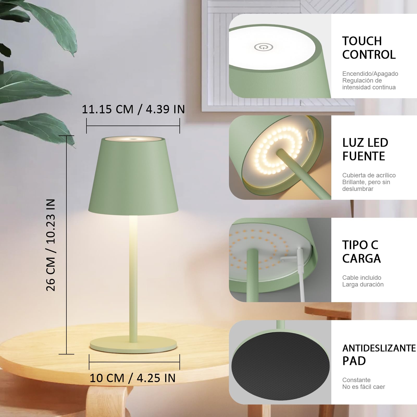 Dimmable 2pcs led recargable lámpara de mesa 26CM, 5000mAh(5V 2A) camping lámpara recargable, 3W 3000K lámpara, IP54 al aire libre para restaurante, dormitorio,Oficina(Verde)
