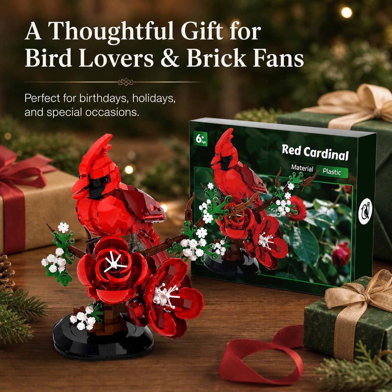 Northern Cardinal Bird Building Set, 526 PCS Red Bird Block Model Kit with Flower Stand, Cardinal Gift for Bird Lovers, Bird Home Decor for Adults and Kids